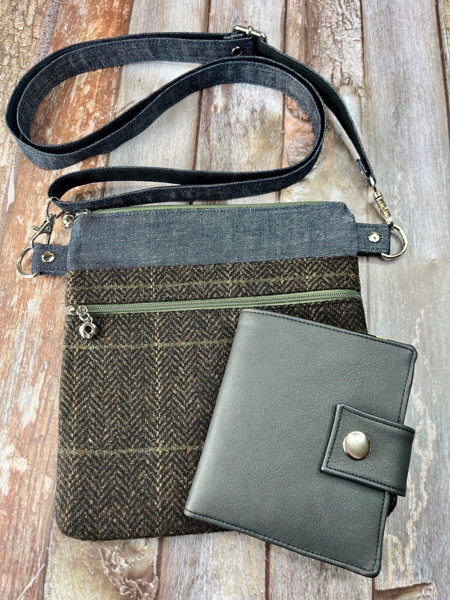 Small Crossbody Bag | Brown Khaki Wool Tweed & Denim