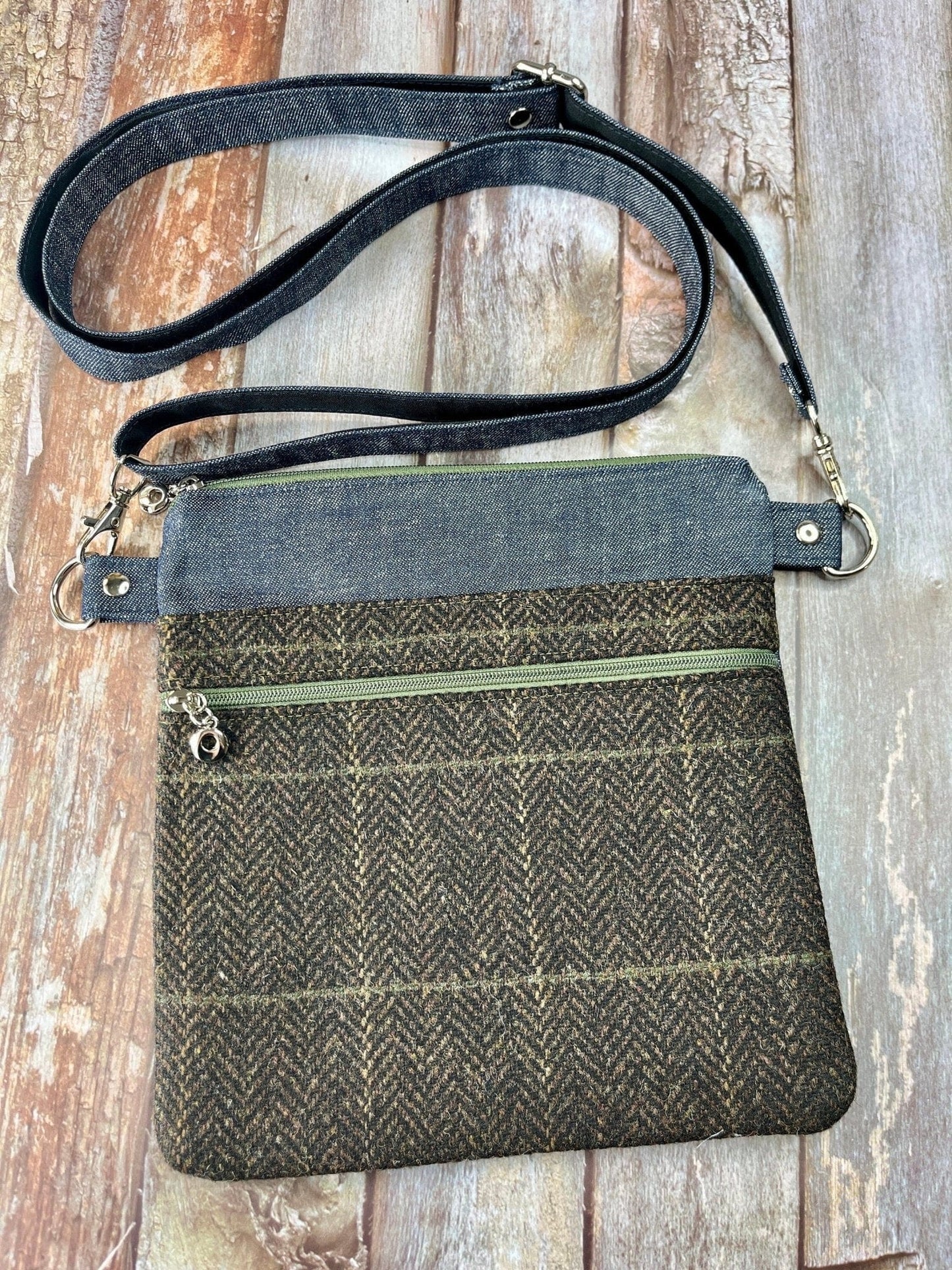 Small Crossbody Bag | Brown Khaki Wool Tweed & Denim