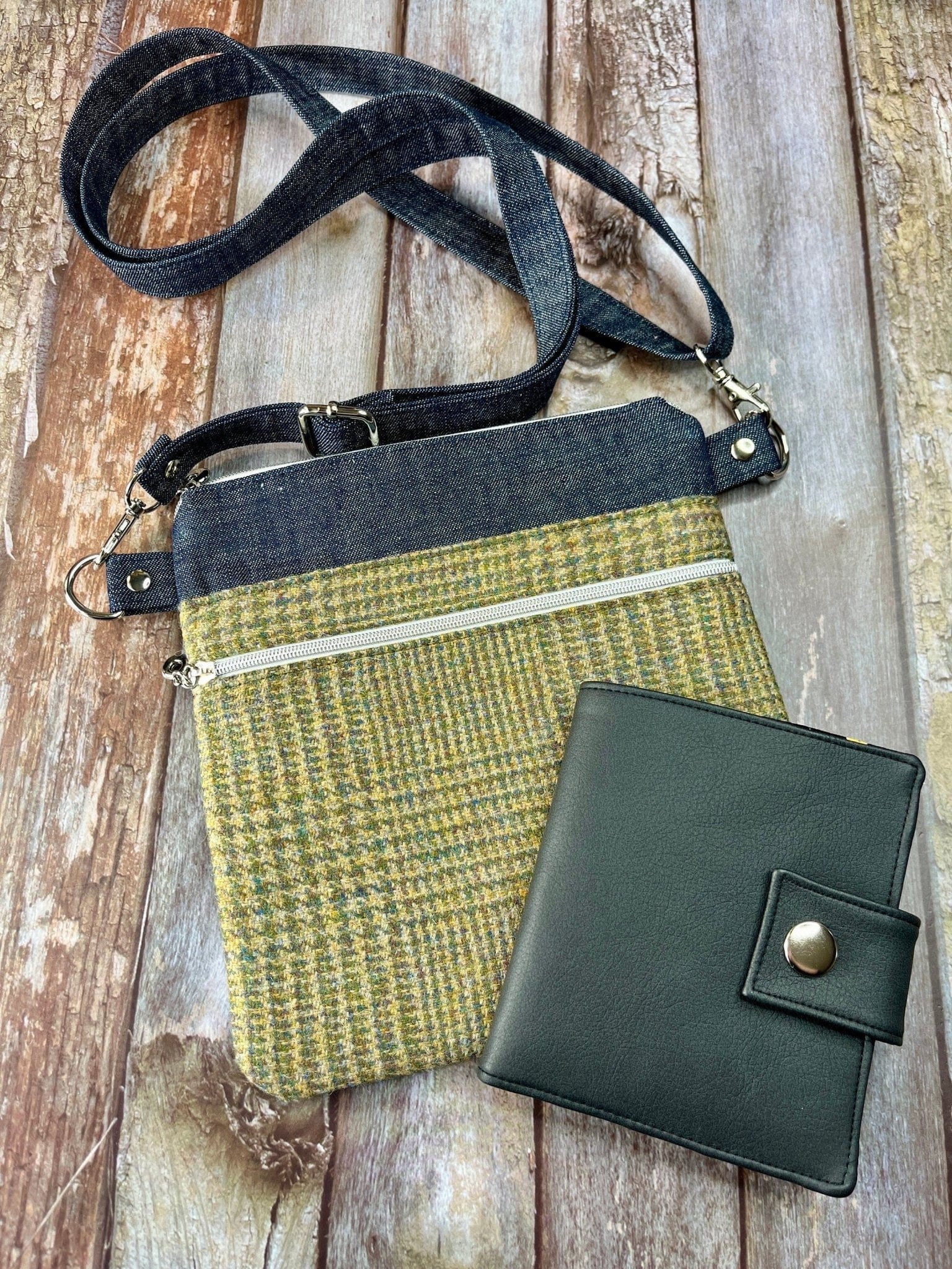 Small Crossbody Bag | Green Wool Tweed & Denim