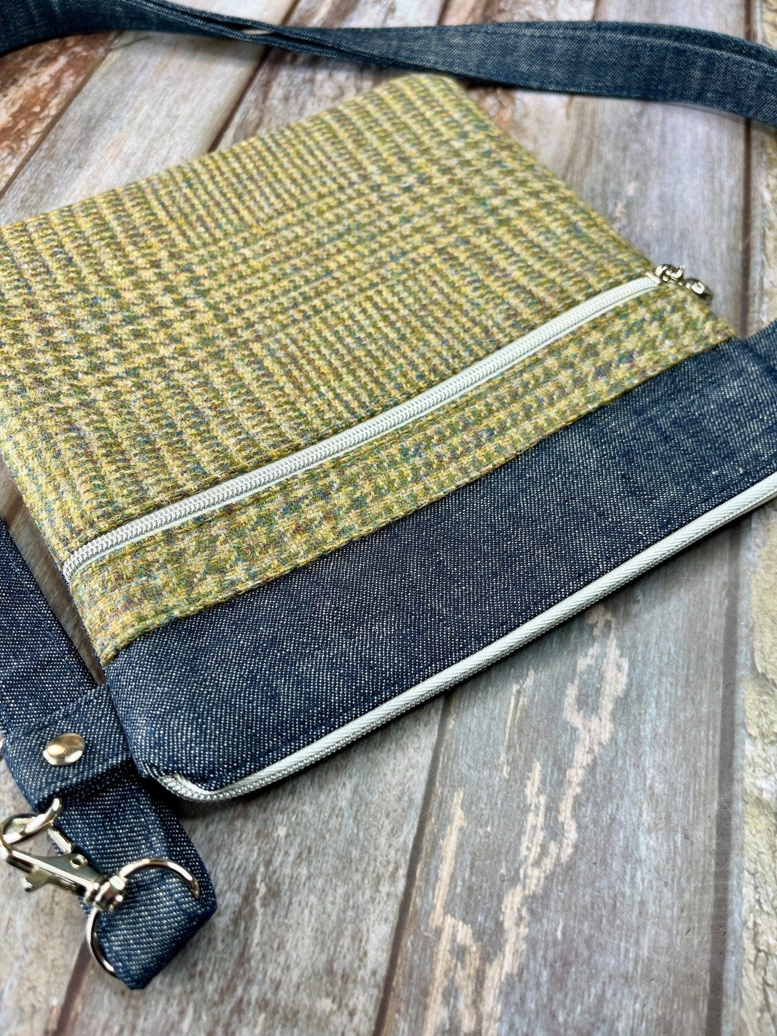 Small Crossbody Bag | Green Wool Tweed & Denim