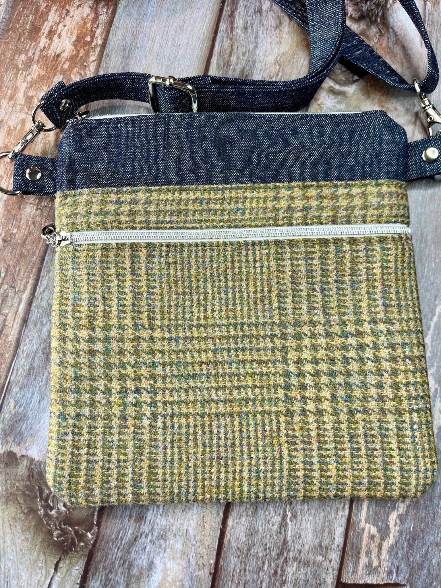 Small Crossbody Bag | Green Wool Tweed & Denim