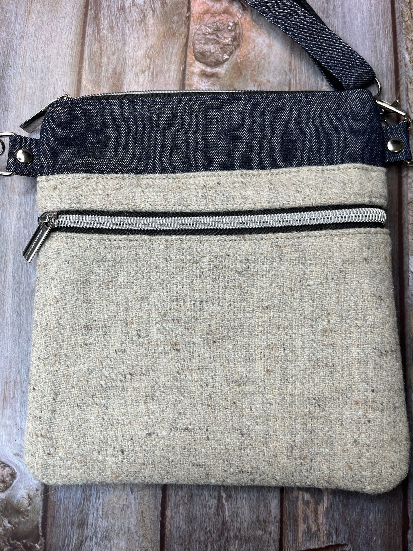 Small Crossbody Bag | Natural Beige Cream Wool Tweed & Denim