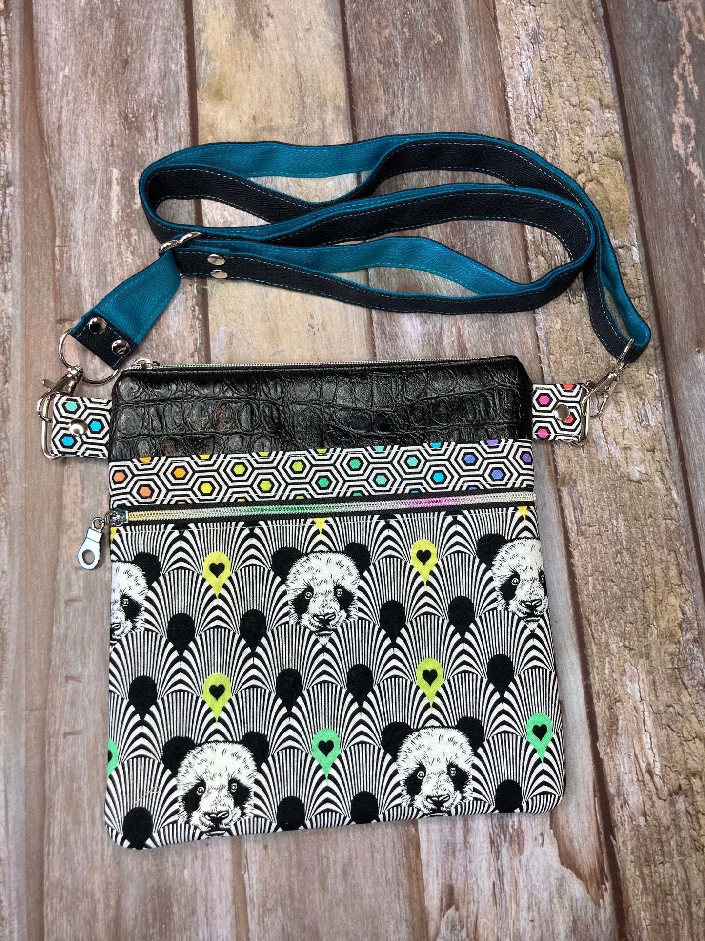 Small Crossbody Bag | Turquoise Rainbow Panda Mock Croc