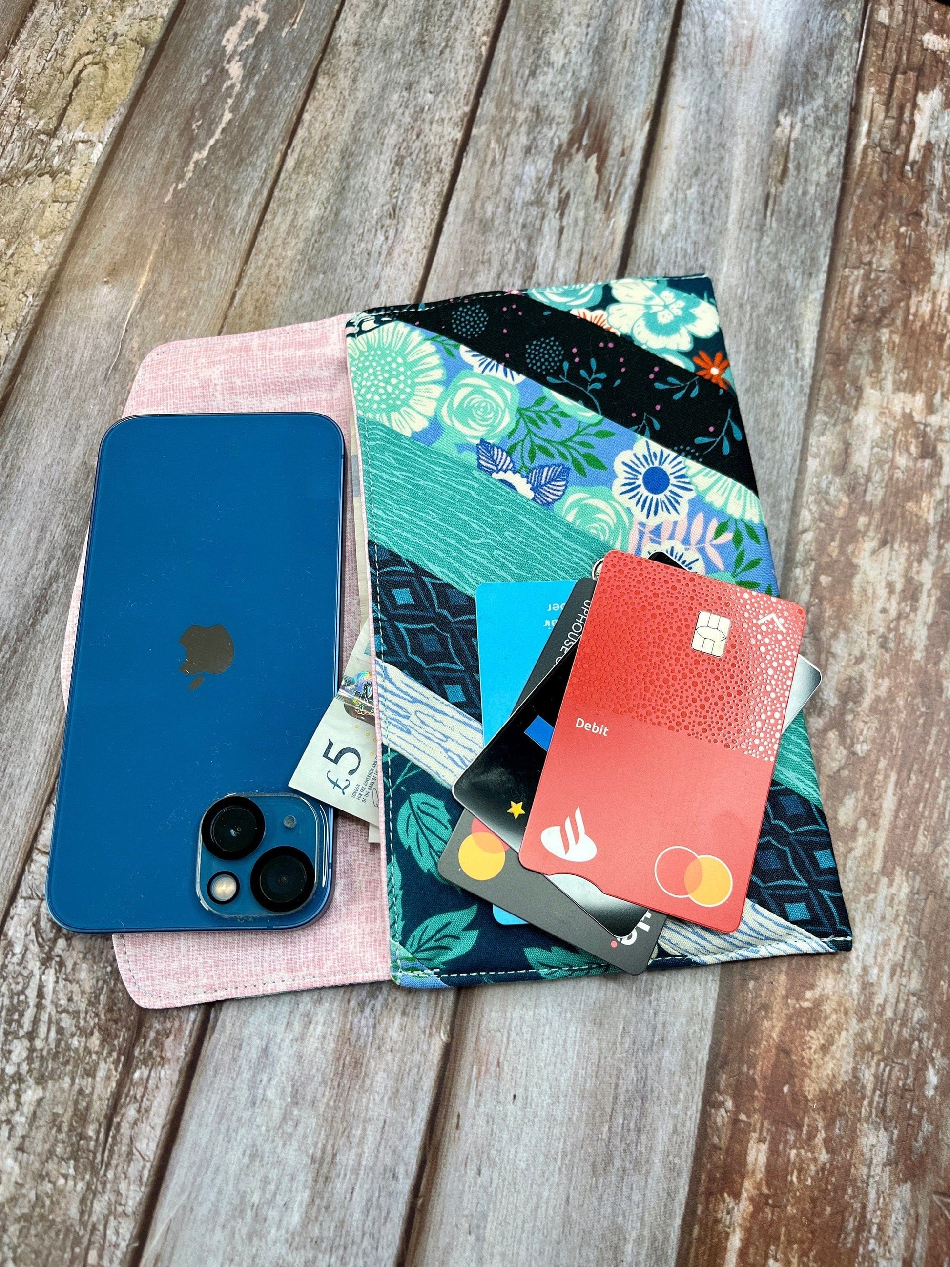 Teal Aqua Slim Purse | Patchwork Purse | Phone Clutch Wallet