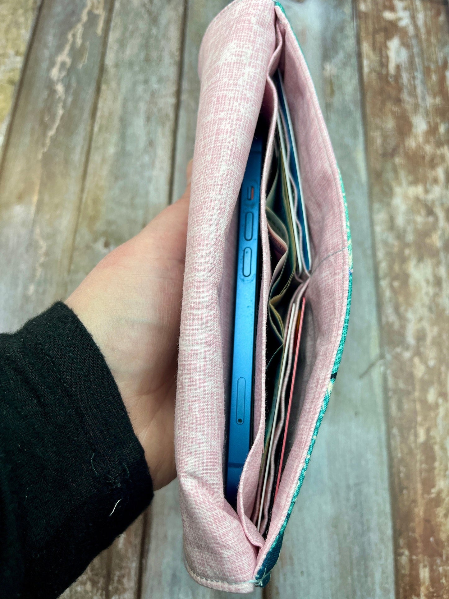 Teal Pink Slim Purse | Patchwork Purse | Phone Clutch Wallet - Uphouse Crafts