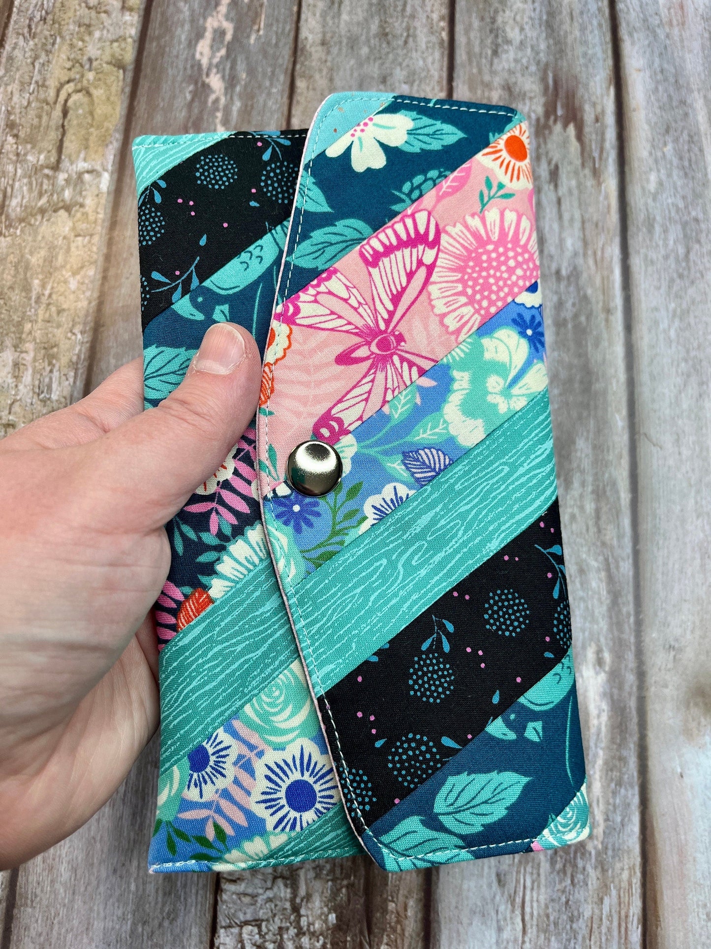 Teal Pink Slim Purse | Patchwork Purse | Phone Clutch Wallet - Uphouse Crafts