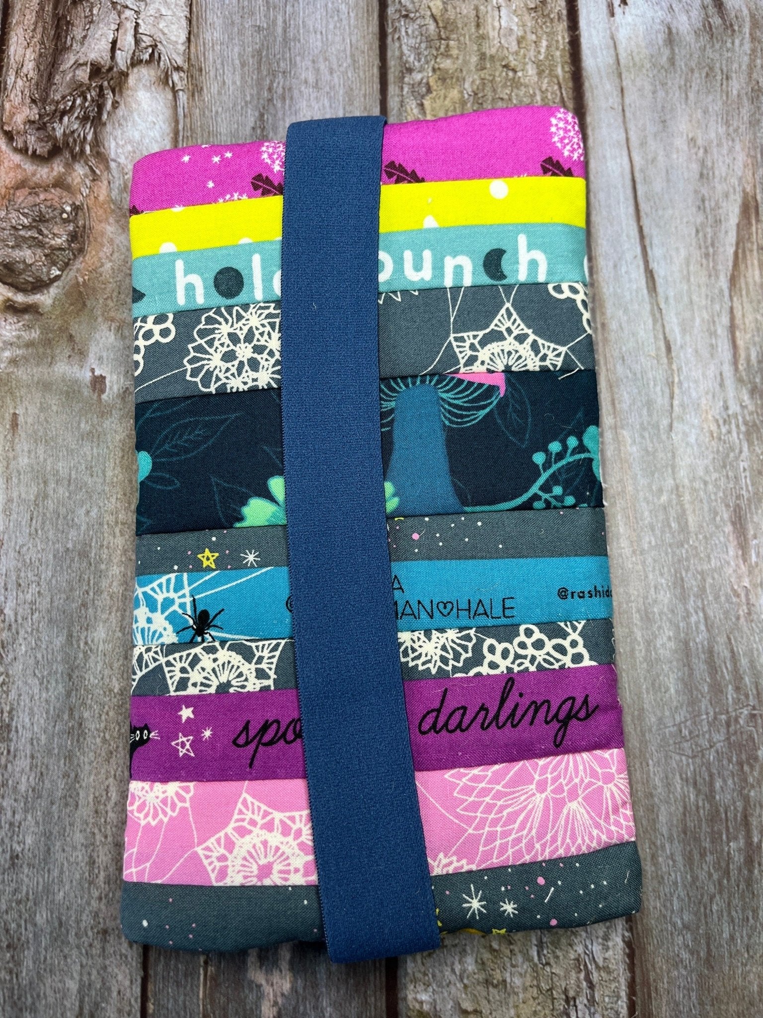 Teal Yellow Pink Patchwork Notebook Pencil Case, A5 Journal Zip Case, Bookmark - Uphouse Crafts