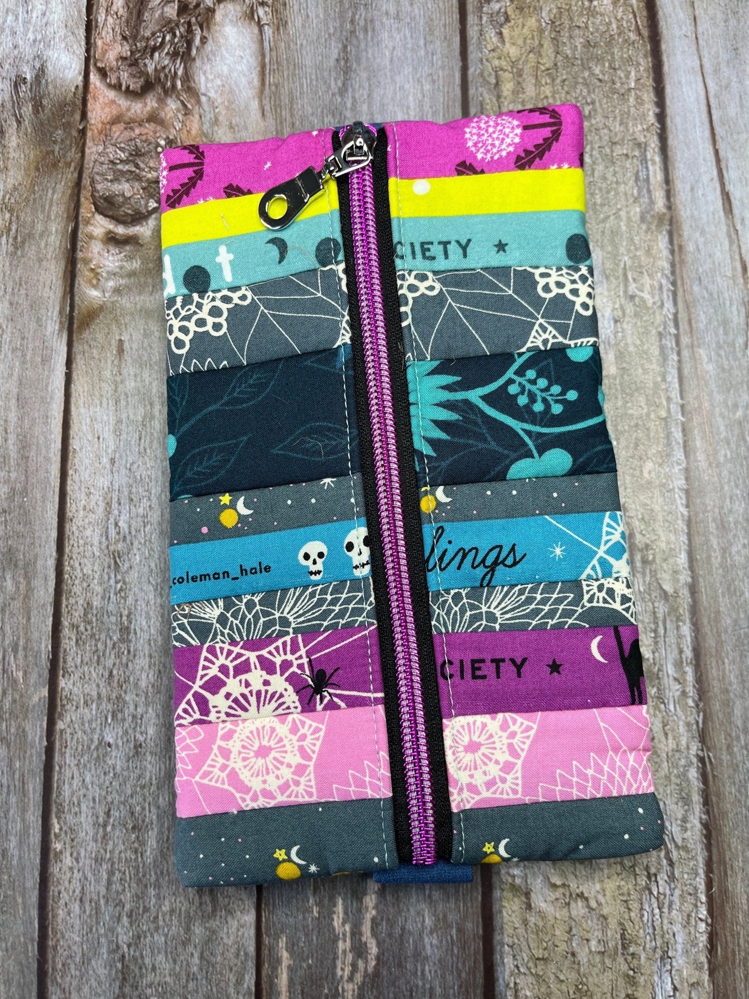 Teal Yellow Pink Patchwork Notebook Pencil Case, A5 Journal Zip Case, Bookmark - Uphouse Crafts