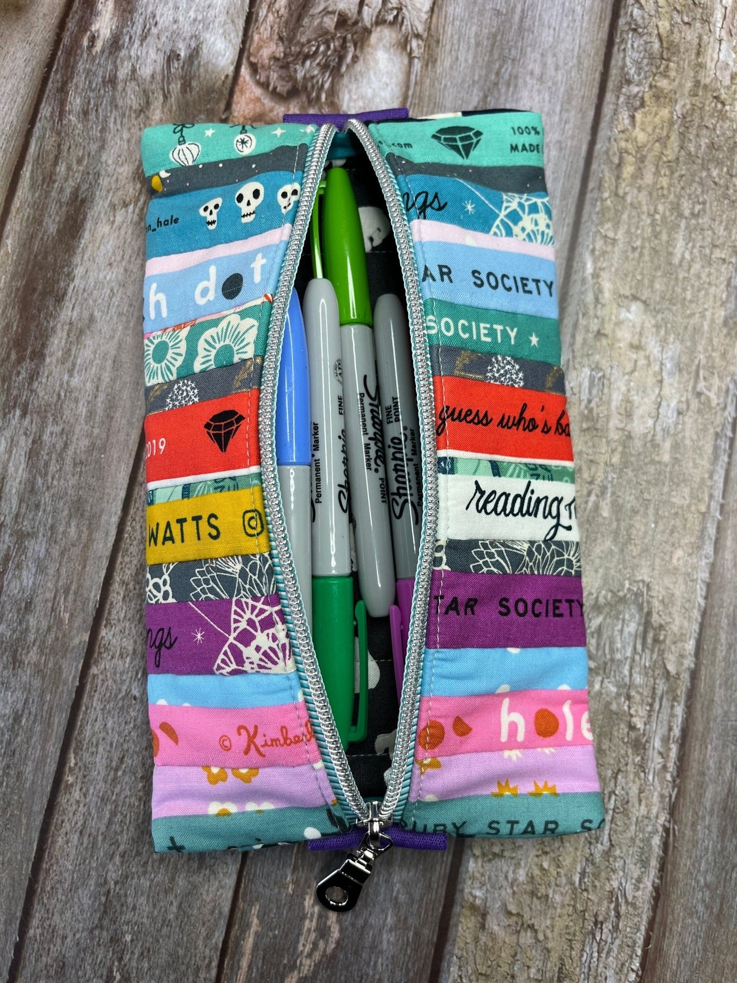 Turquoise Stripe Selvedges Patchwork Notebook Pencil Case, A5 Journal Zip Case, Bookmark - Uphouse Crafts