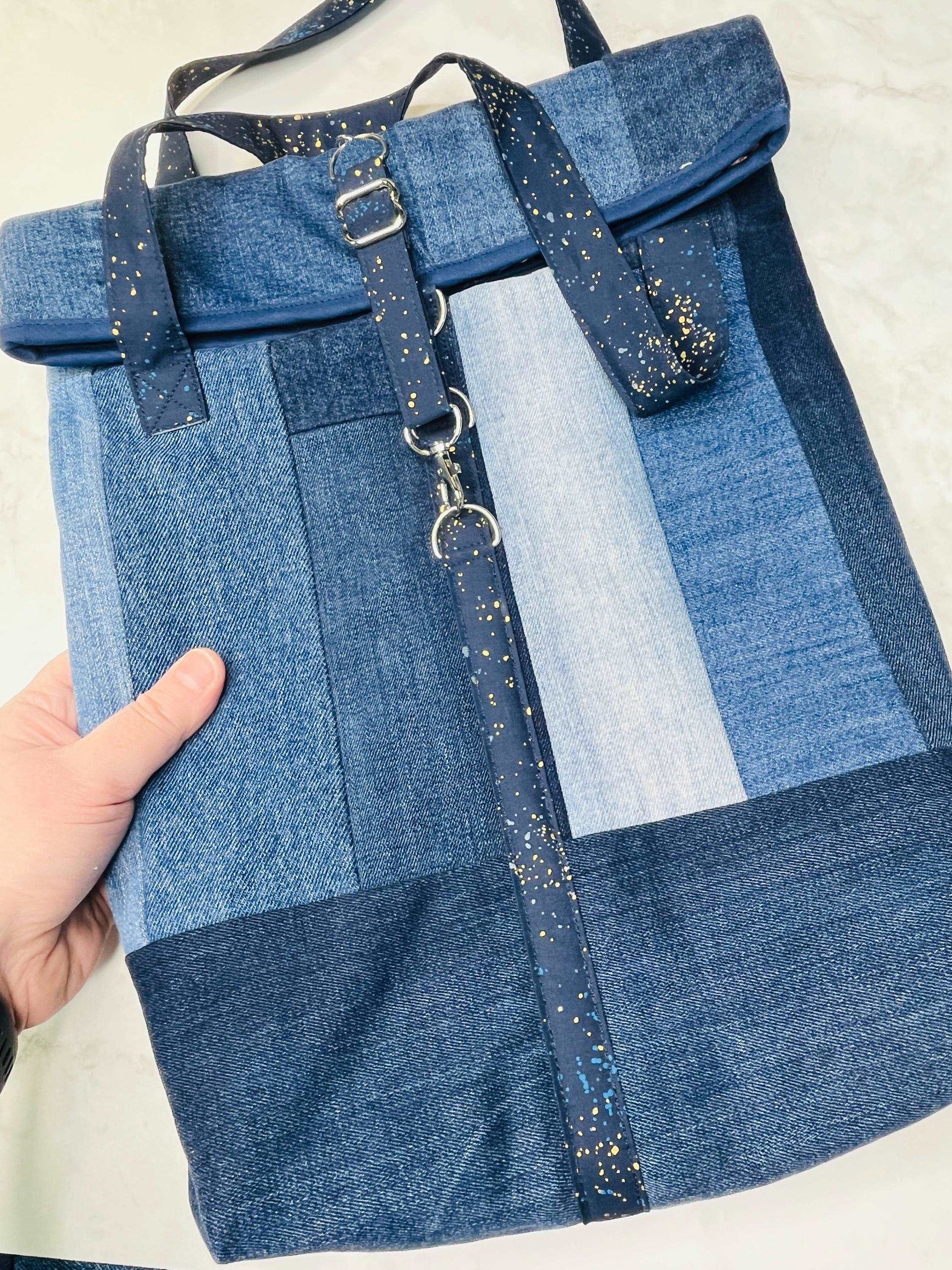 Upcycled Denim Roll Top Tote Bag