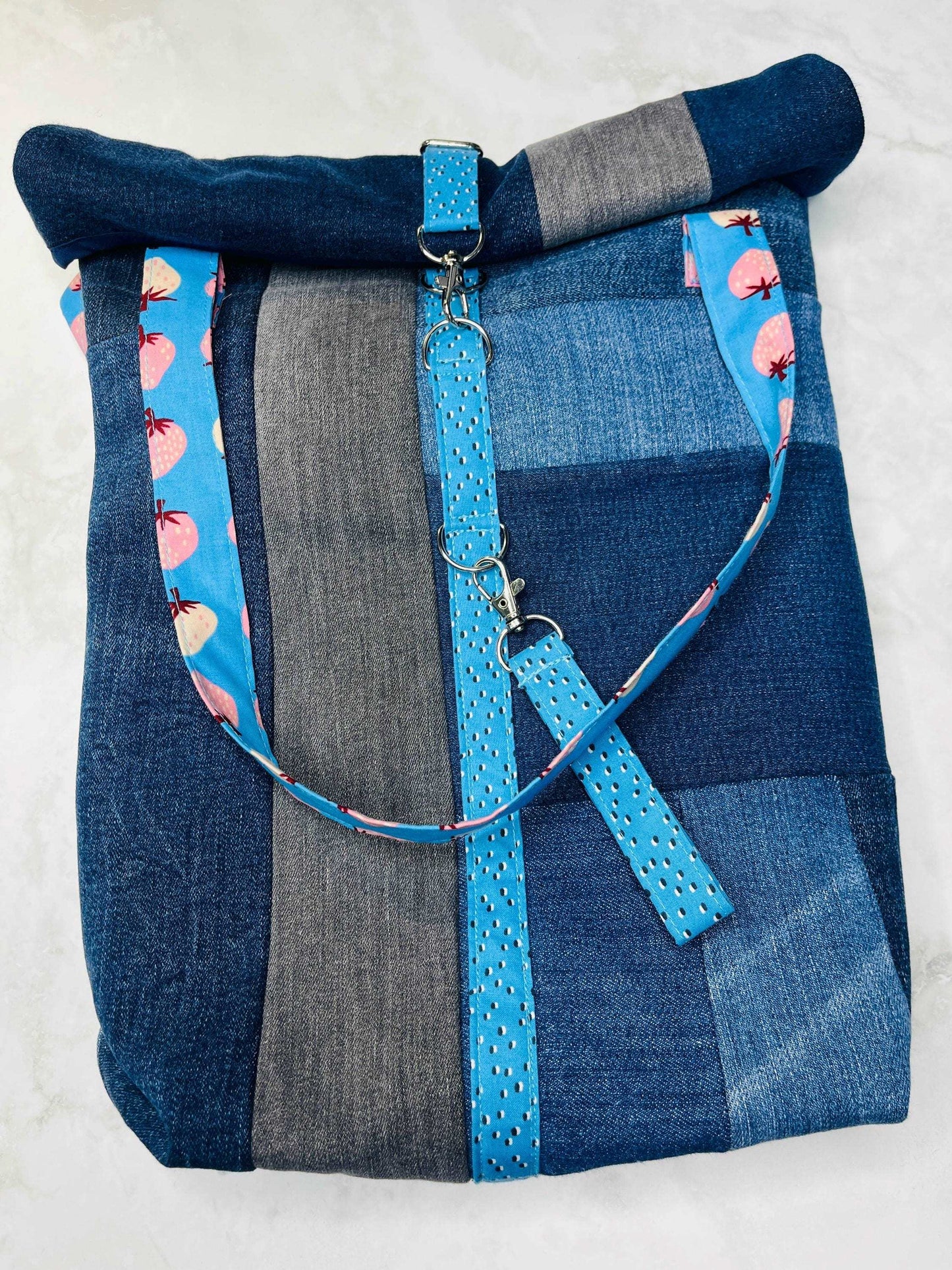 Upcycled Denim Roll Top Tote Bag