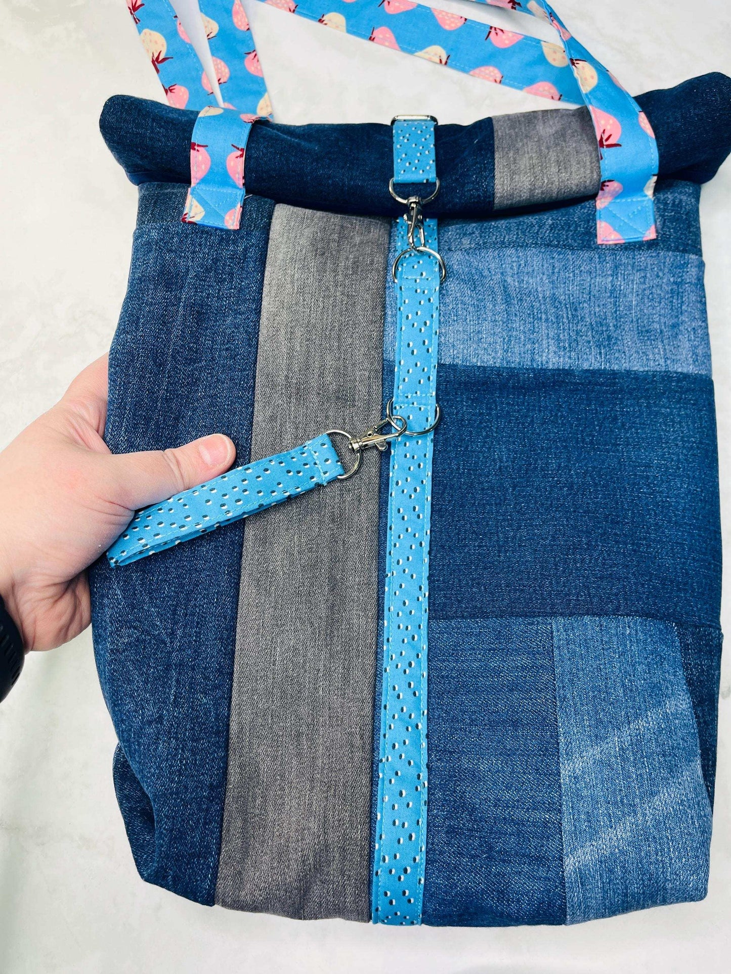 Upcycled Denim Roll Top Tote Bag