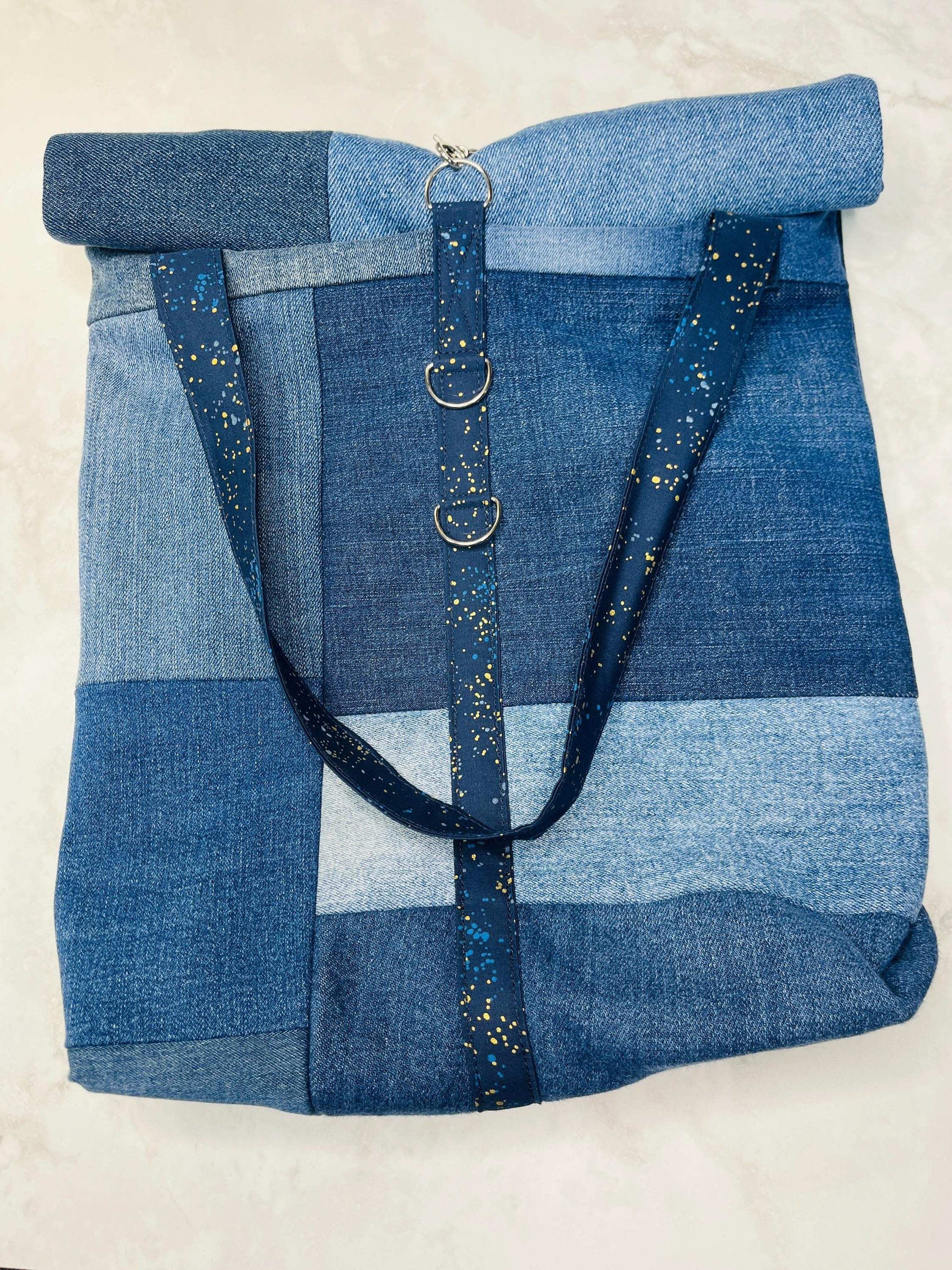 Upcycled Denim Roll Top Tote Bag