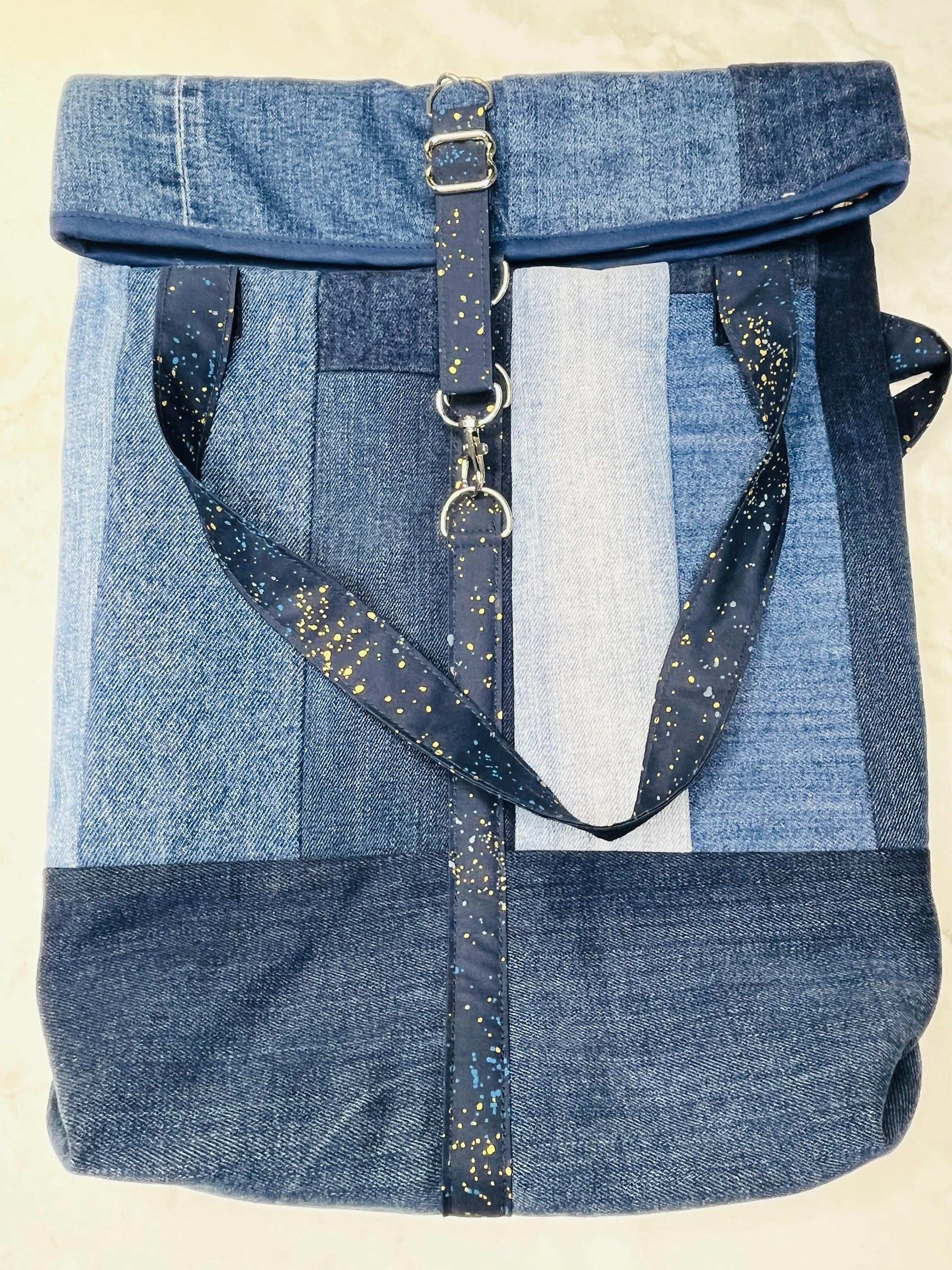 Upcycled Denim Roll Top Tote Bag