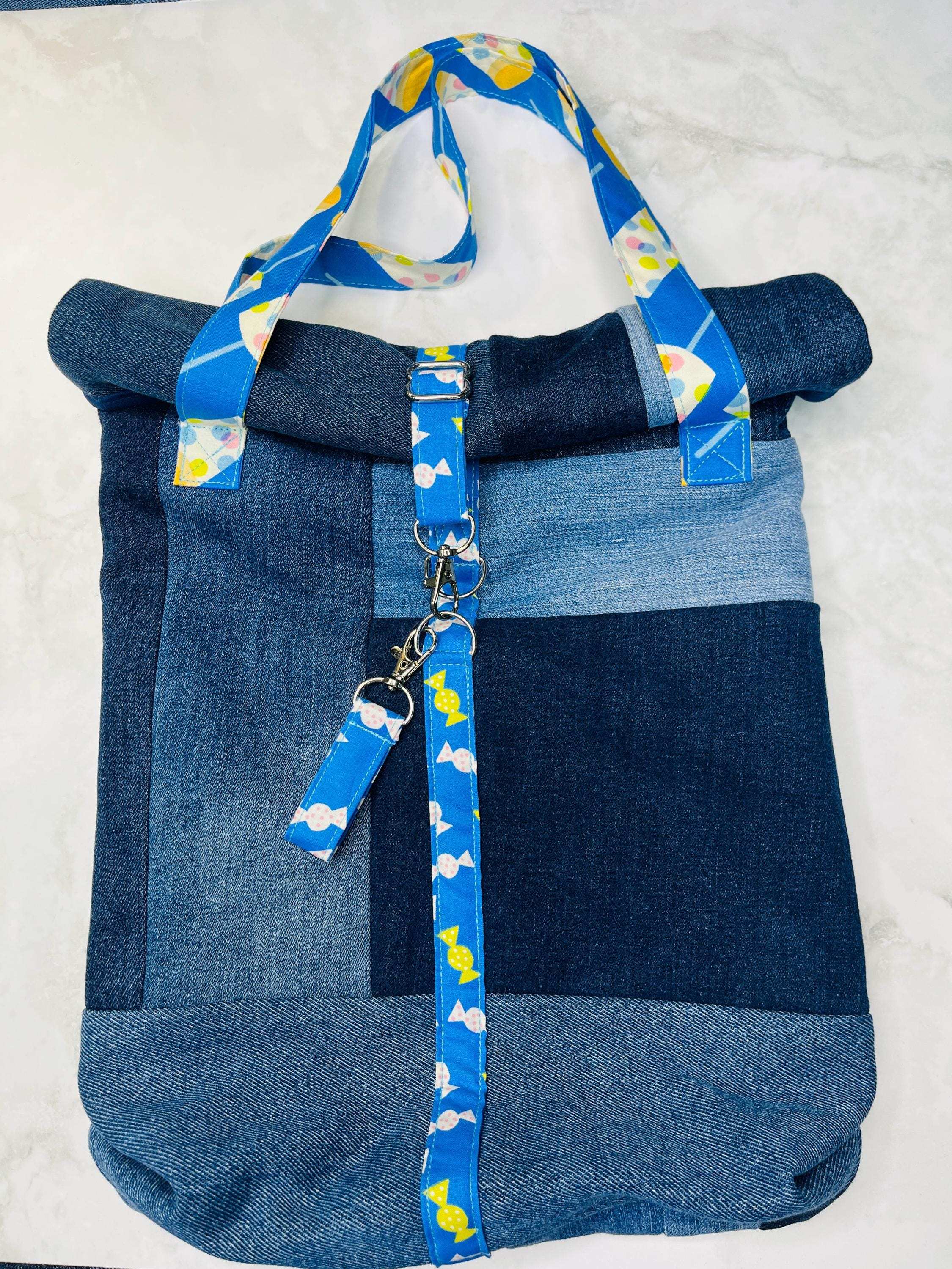 Upcycled Denim Roll Top Tote Bag