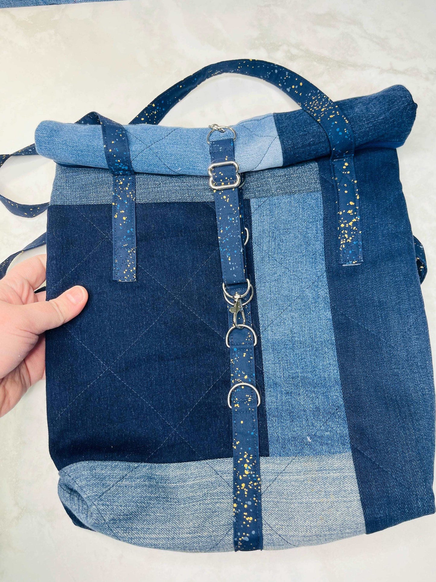 Upcycled Denim Roll Top Tote Bag