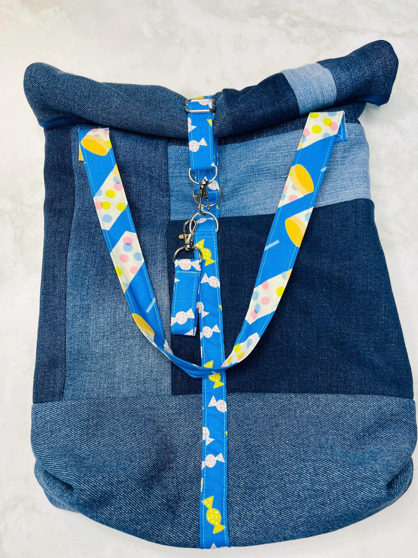 Upcycled Denim Roll Top Tote Bag