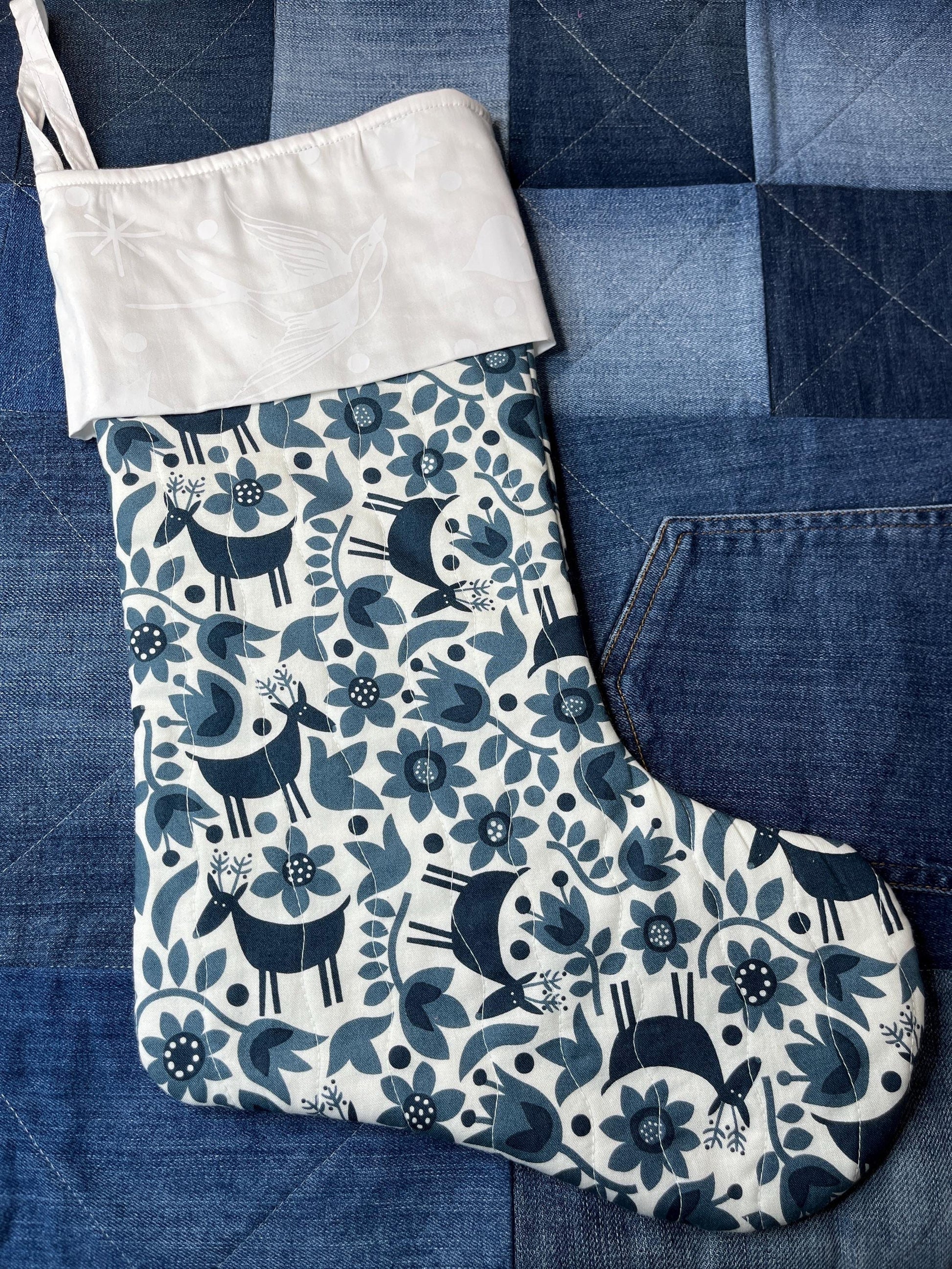 Quilted Christmas Stocking - Blue & White Reindeer