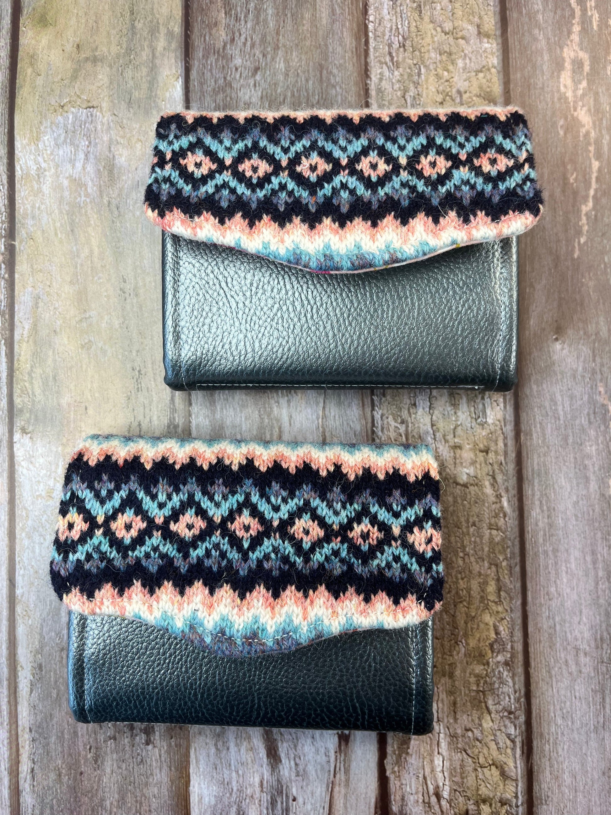 Hand knitted Fair Isle Purse Clutch | Faux Leather & Blue Peach