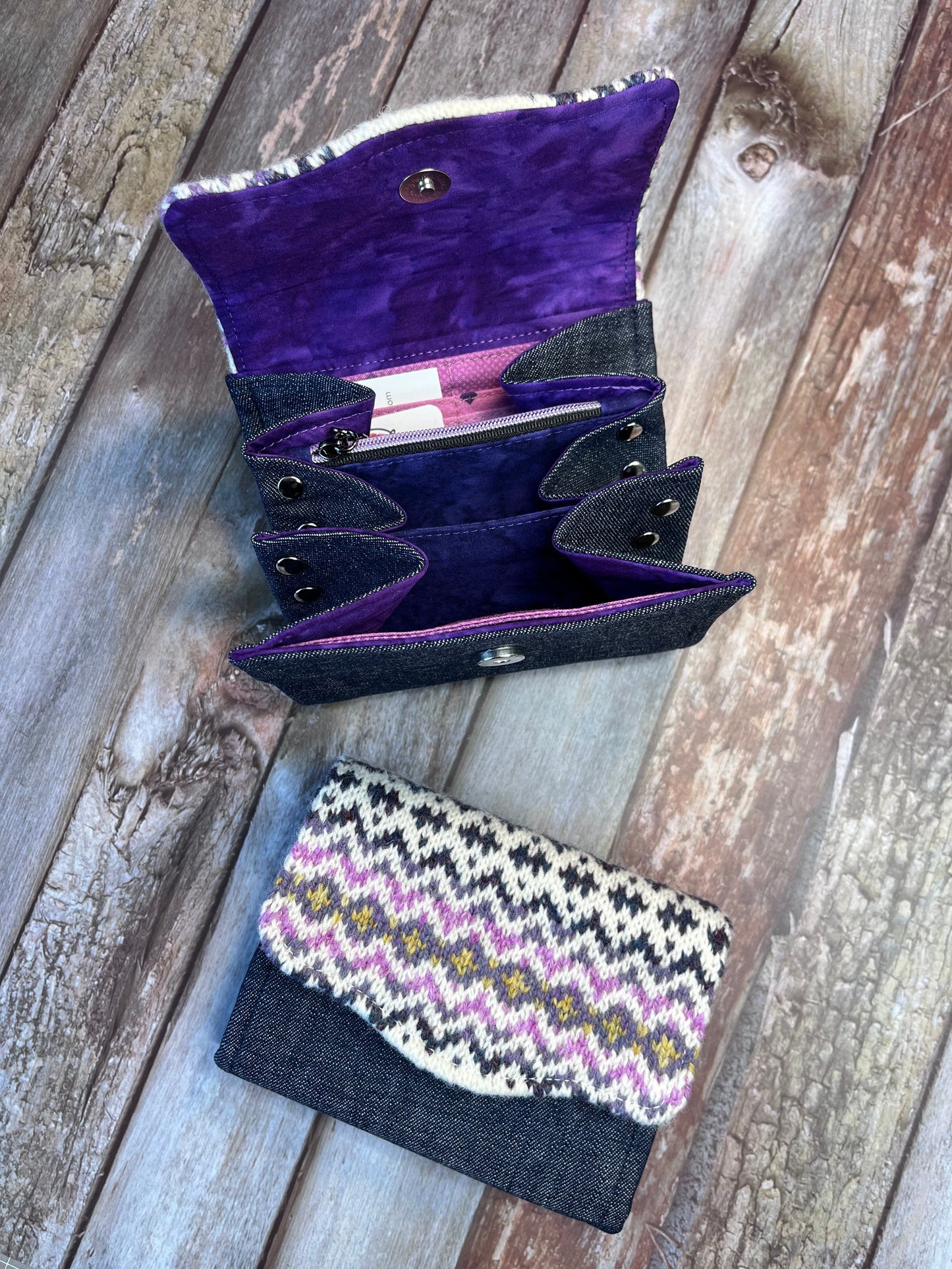 Hand knitted Fair Isle Purse Clutch | Ivory Pink Purple