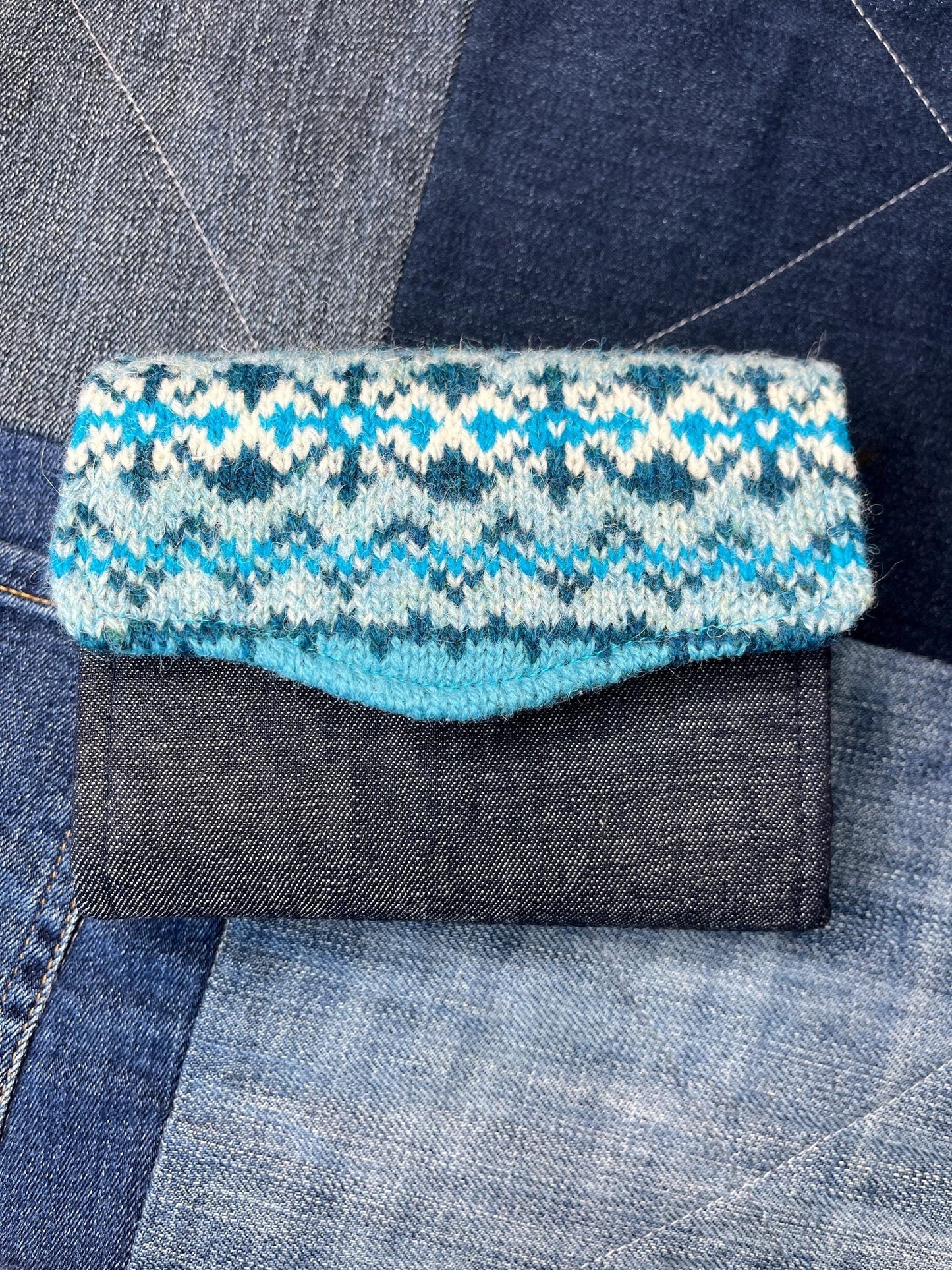 Hand knitted Fair Isle Purse Clutch | Blue Turquoise