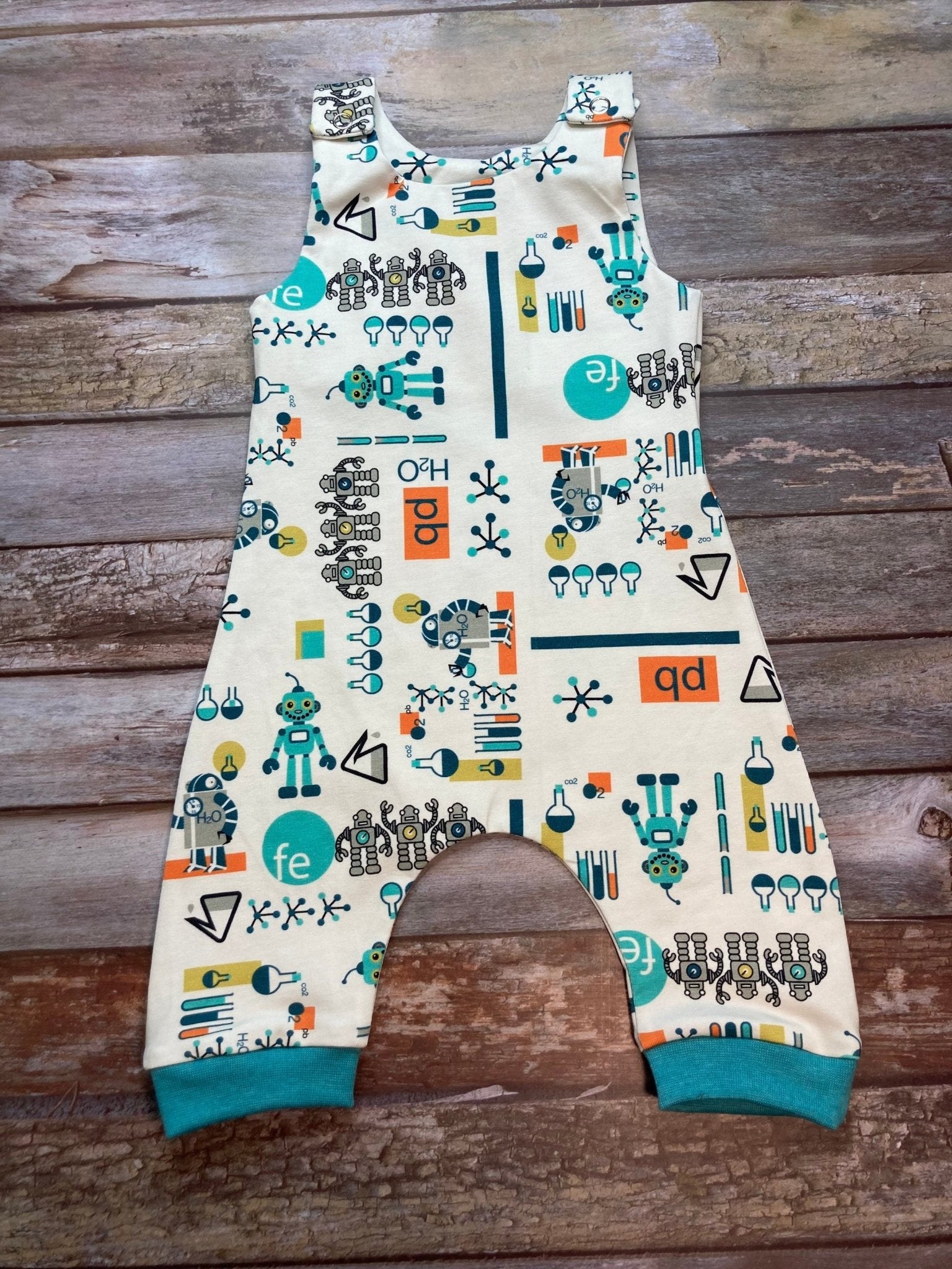 White Aqua Robot Baby dungarees 0 - 3 months - Uphouse Crafts