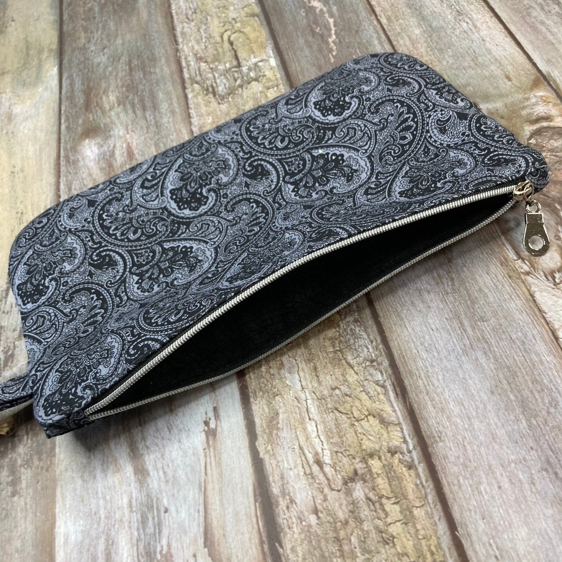 Zip Pouch Makeup Bag - Pencil Case | Black Grey Paisley