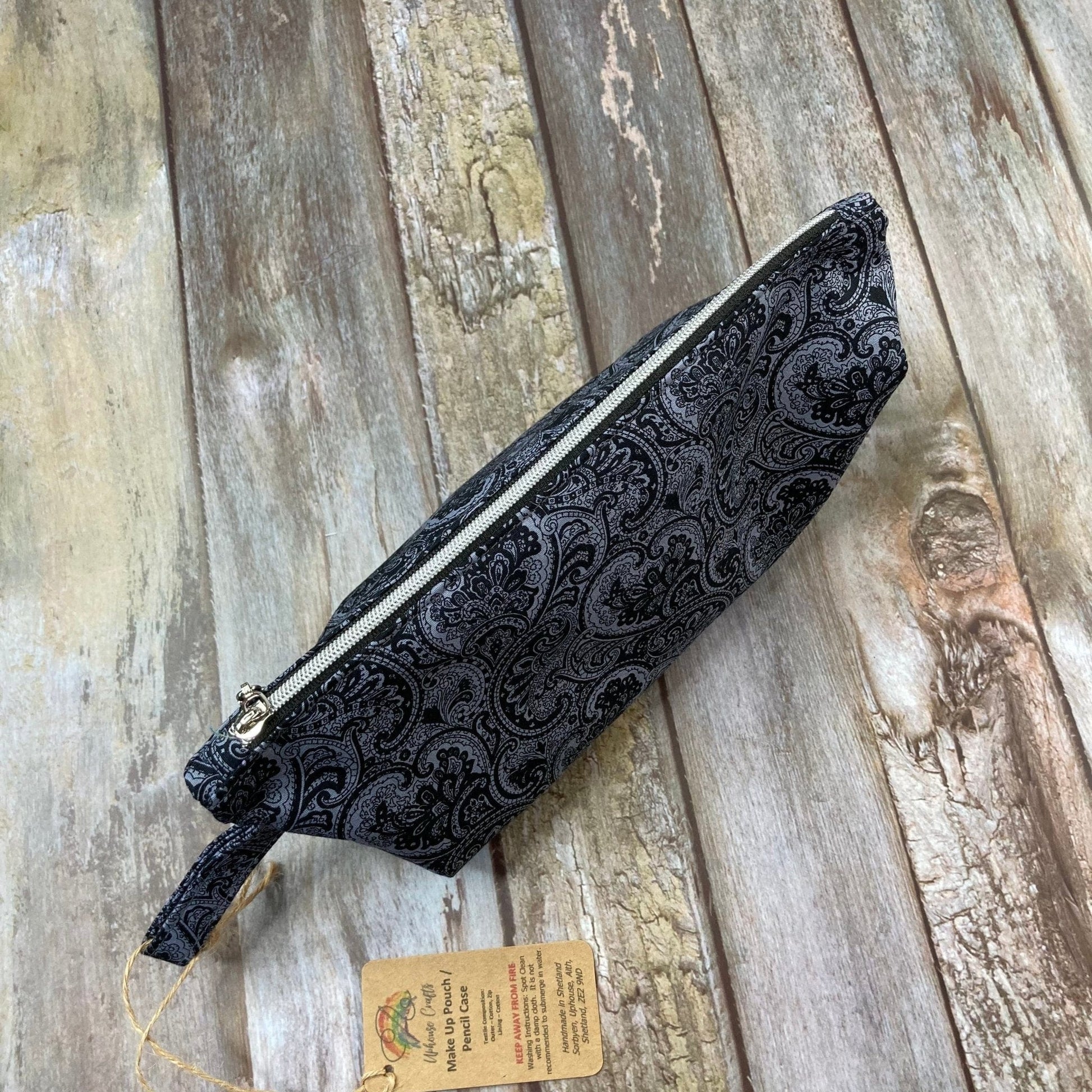 Zip Pouch Makeup Bag - Pencil Case | Black Grey Paisley