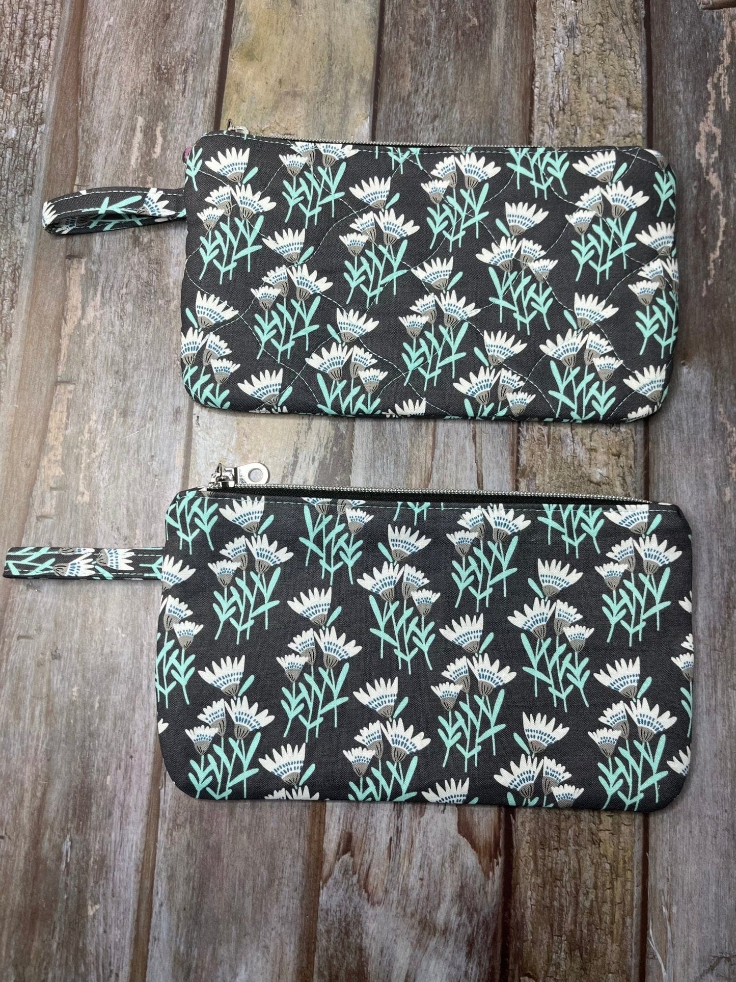 Zip Pouch Makeup Bag - Pencil Case | Grey Aqua Floral