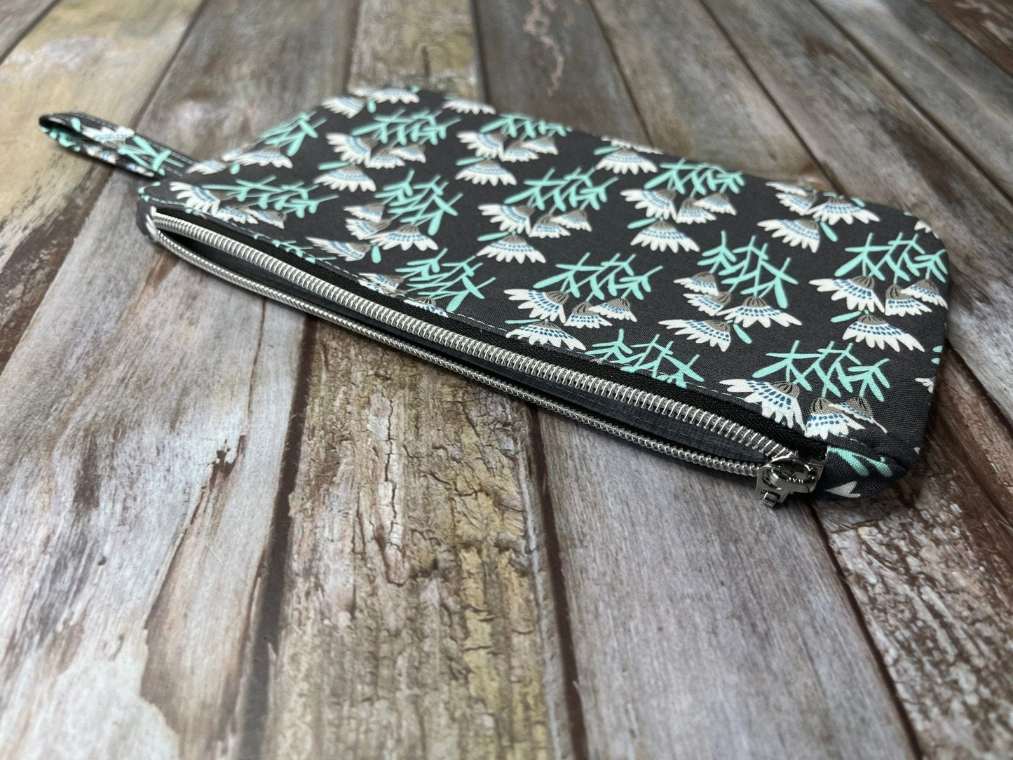 Zip Pouch Makeup Bag - Pencil Case | Grey Aqua Floral