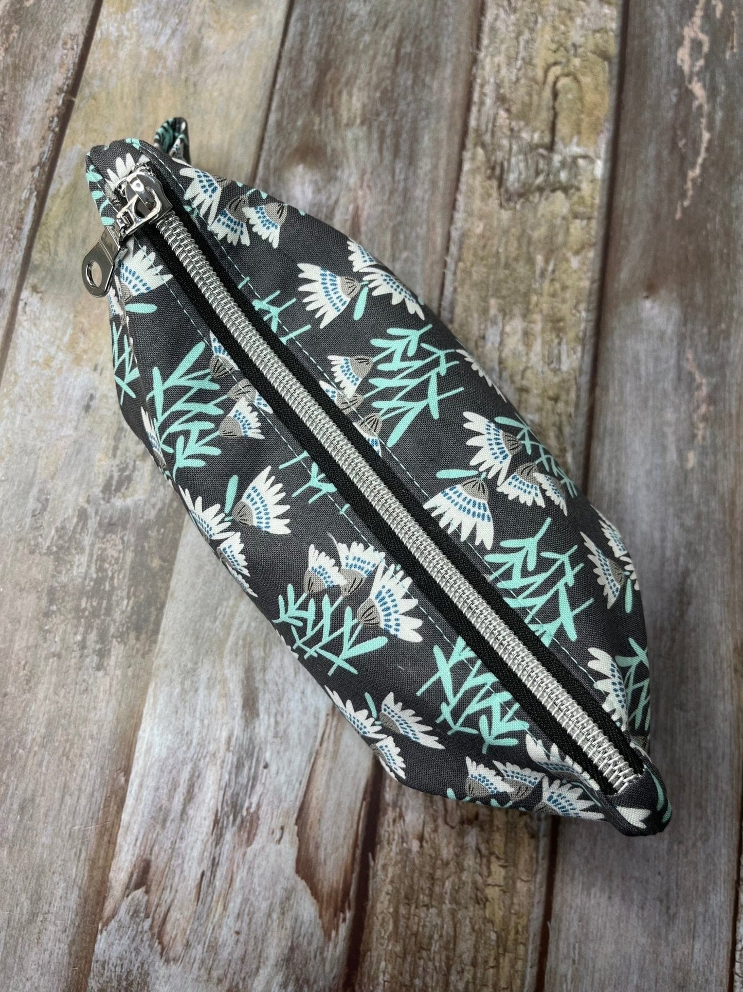 Zip Pouch Makeup Bag - Pencil Case | Grey Aqua Floral