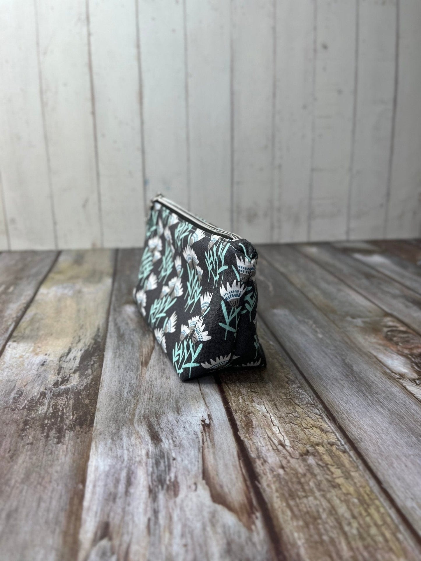 Zip Pouch Makeup Bag - Pencil Case | Grey Aqua Floral