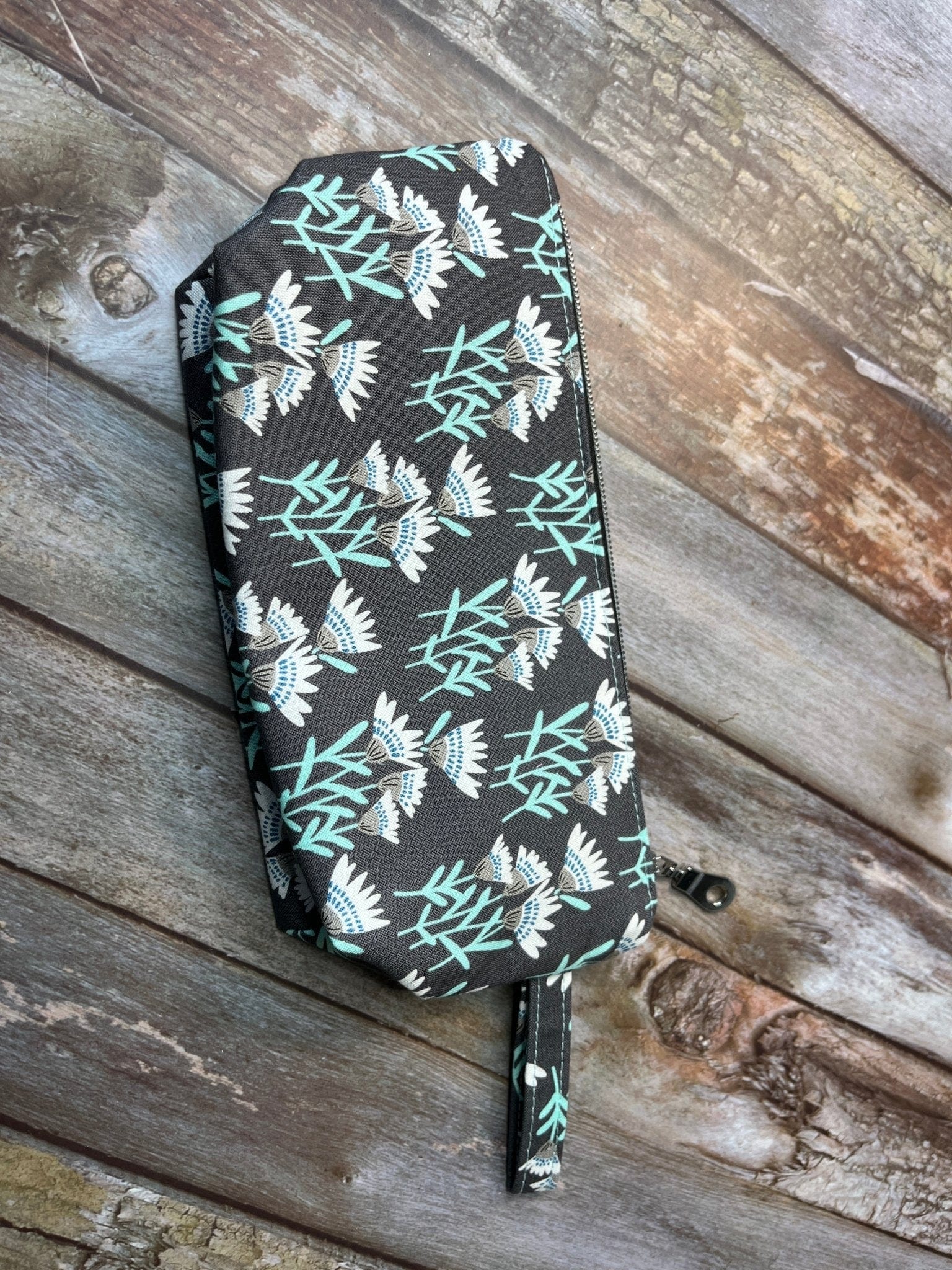 Zip Pouch Makeup Bag - Pencil Case | Grey Aqua Floral