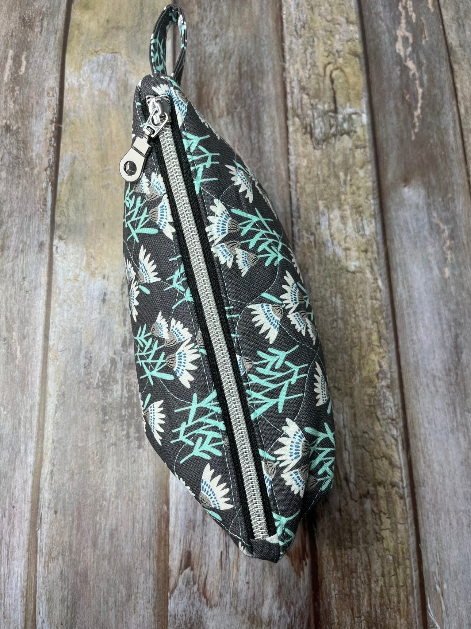 Zip Pouch Makeup Bag - Pencil Case | Grey Aqua Floral