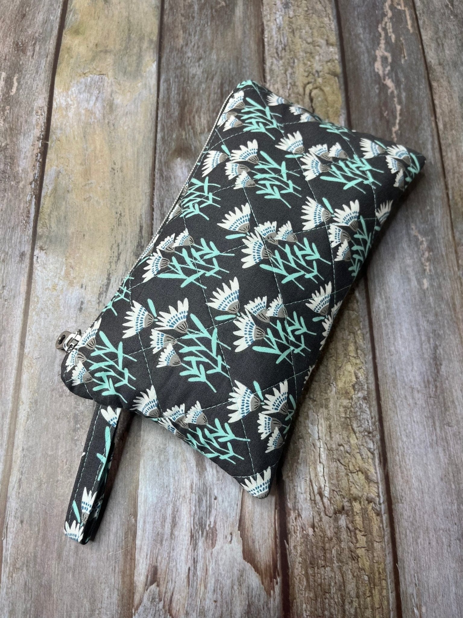 Zip Pouch Makeup Bag - Pencil Case | Grey Aqua Floral