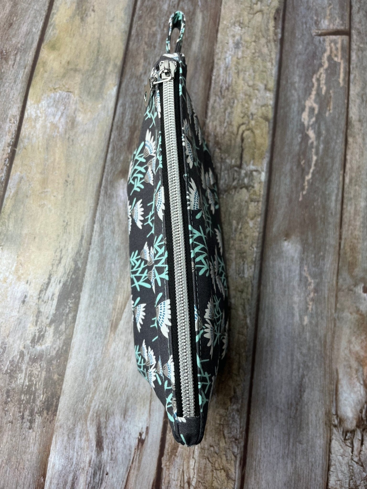 Zip Pouch Makeup Bag - Pencil Case | Grey Aqua Floral