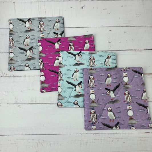 Puffin Fabric Coasters Set of 4 - Mixed Color Aqua, Pink, Grey & Lilac - Uphouse Crafts