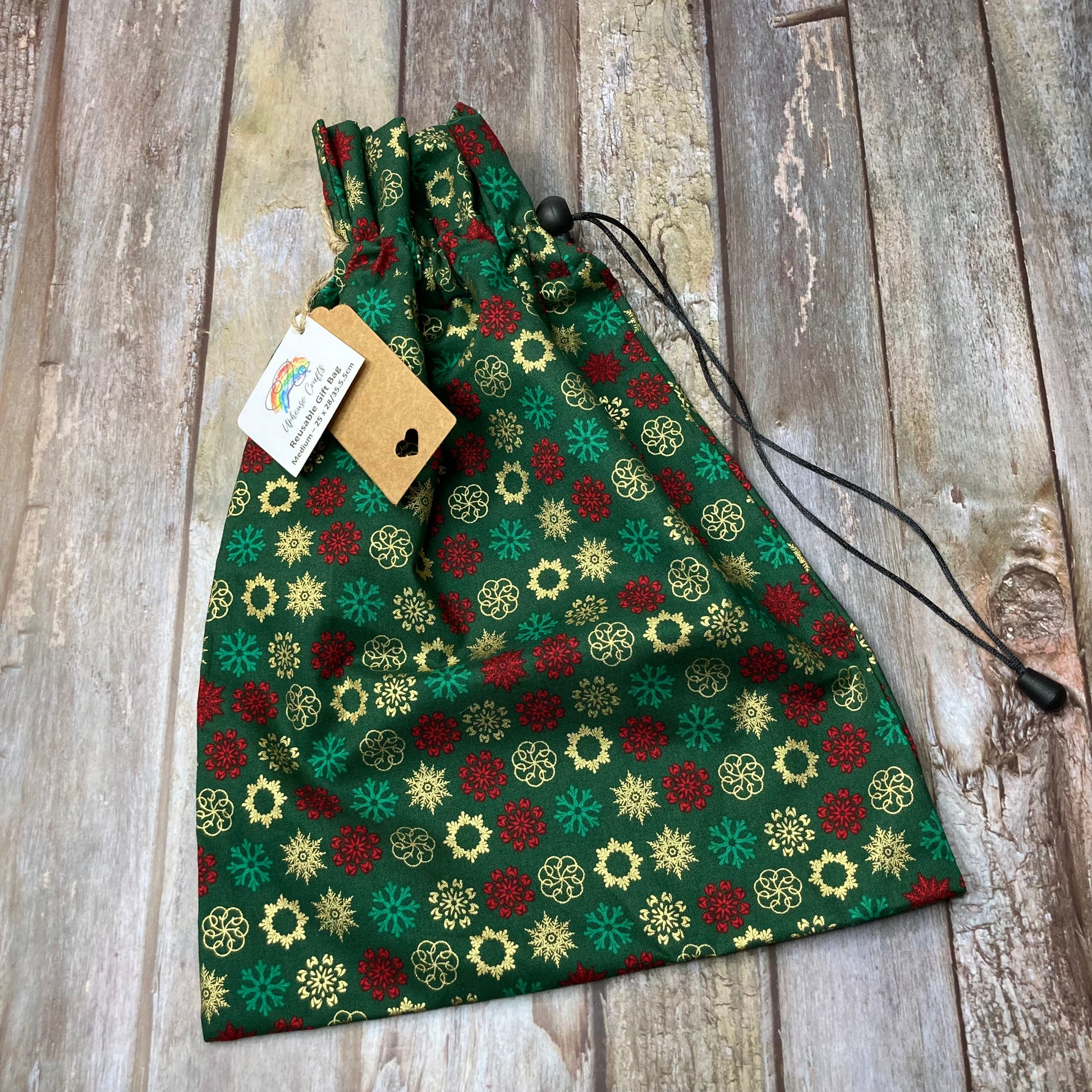 Christmas Reusable Drawstring Gift Bag - Green Red Gold - Uphouse Crafts