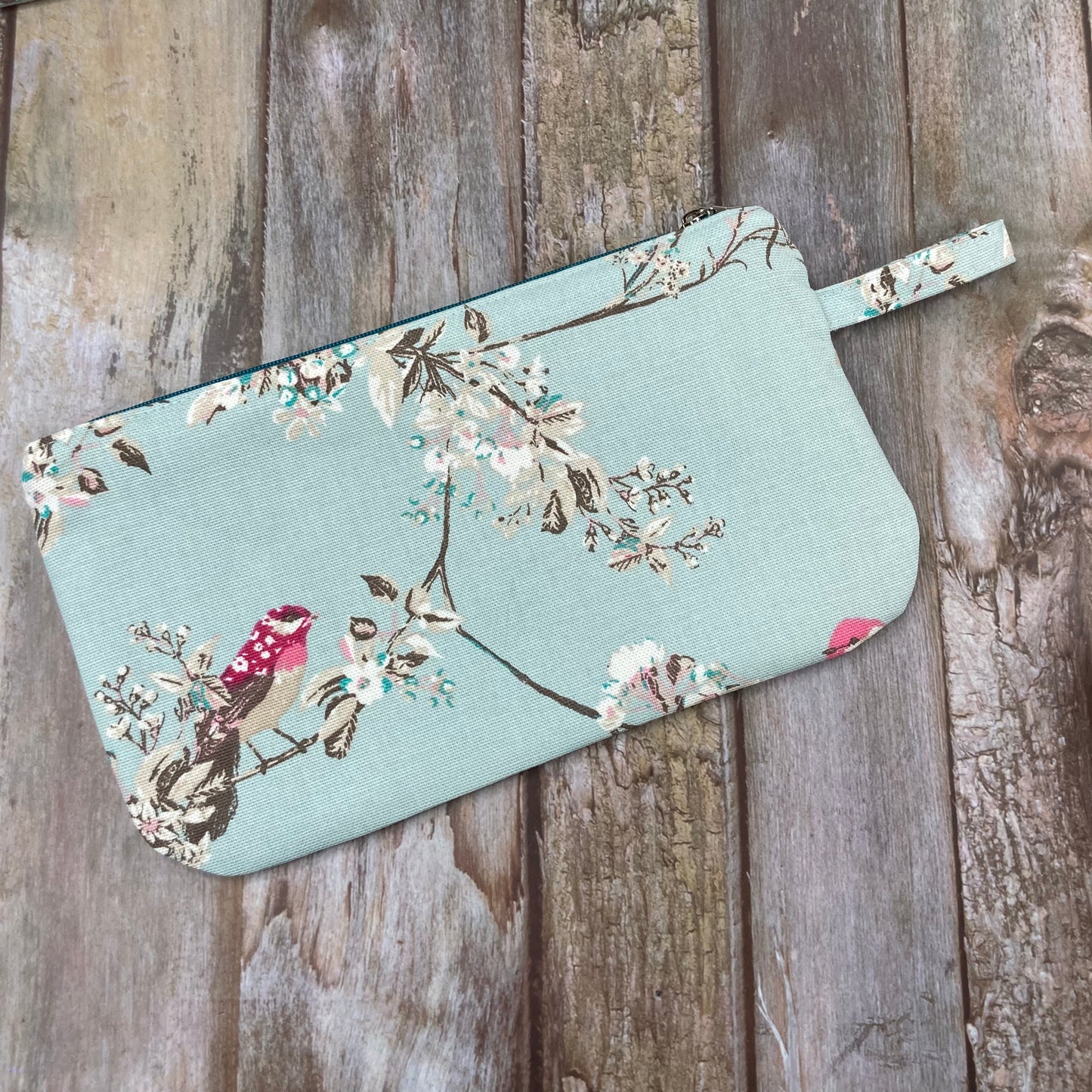 Makeup Bag Pencil Case - Pale Blue Cream Pink Floral Bird - Uphouse Crafts