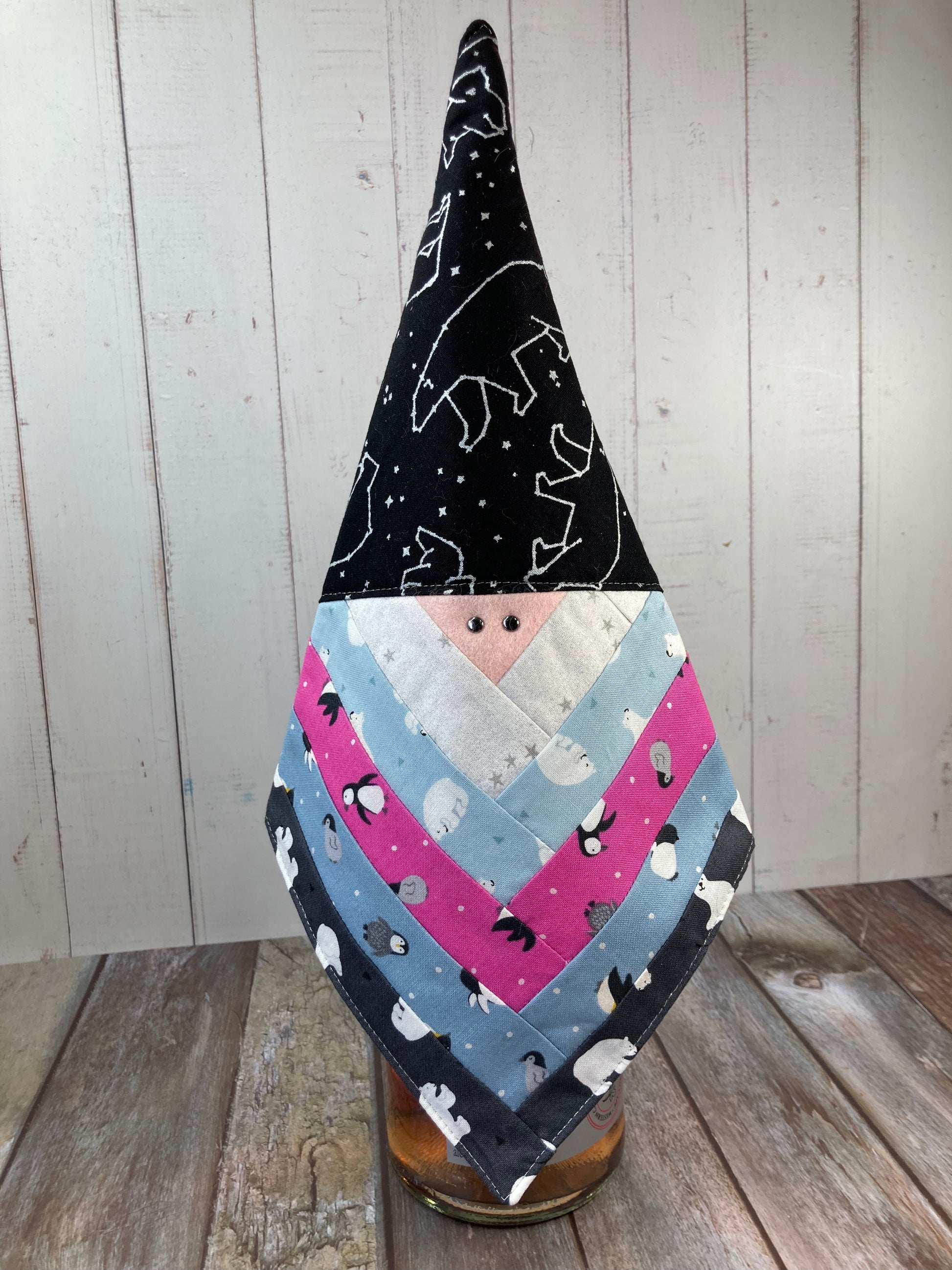 Gnome Bottle Topper, Christmas Table Decoration, Tree Topper - Pink Black - Uphouse Crafts