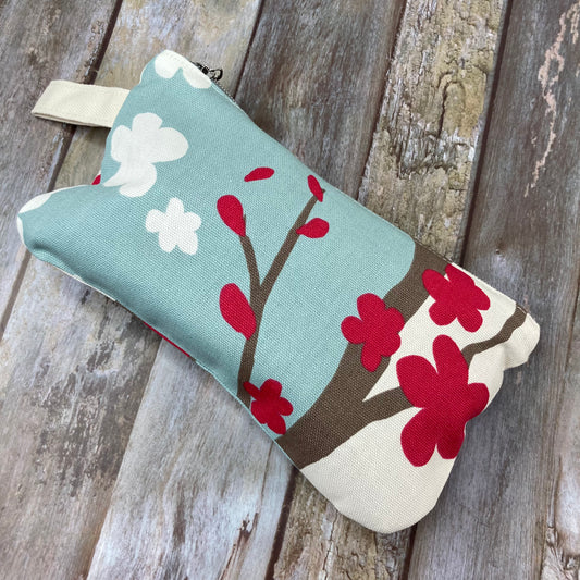 Makeup Bag Pencil Case - Pale Blue Cream Red Abstract Floral - Uphouse Crafts