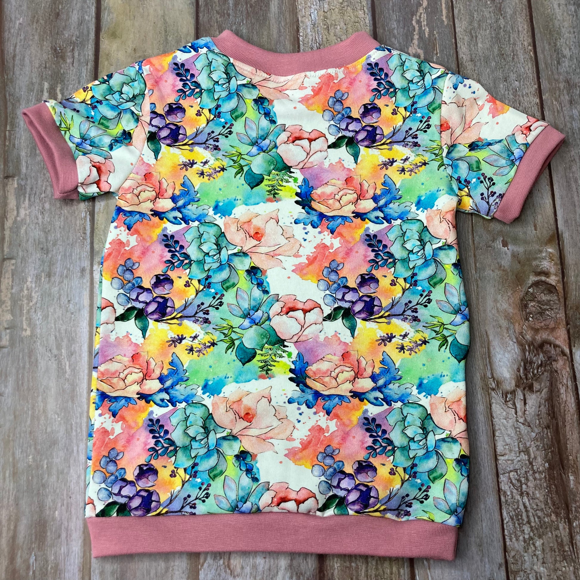 Kids Cuffed T-shirt cotton jersey - floral pink white green - age 1-4 - Uphouse Crafts