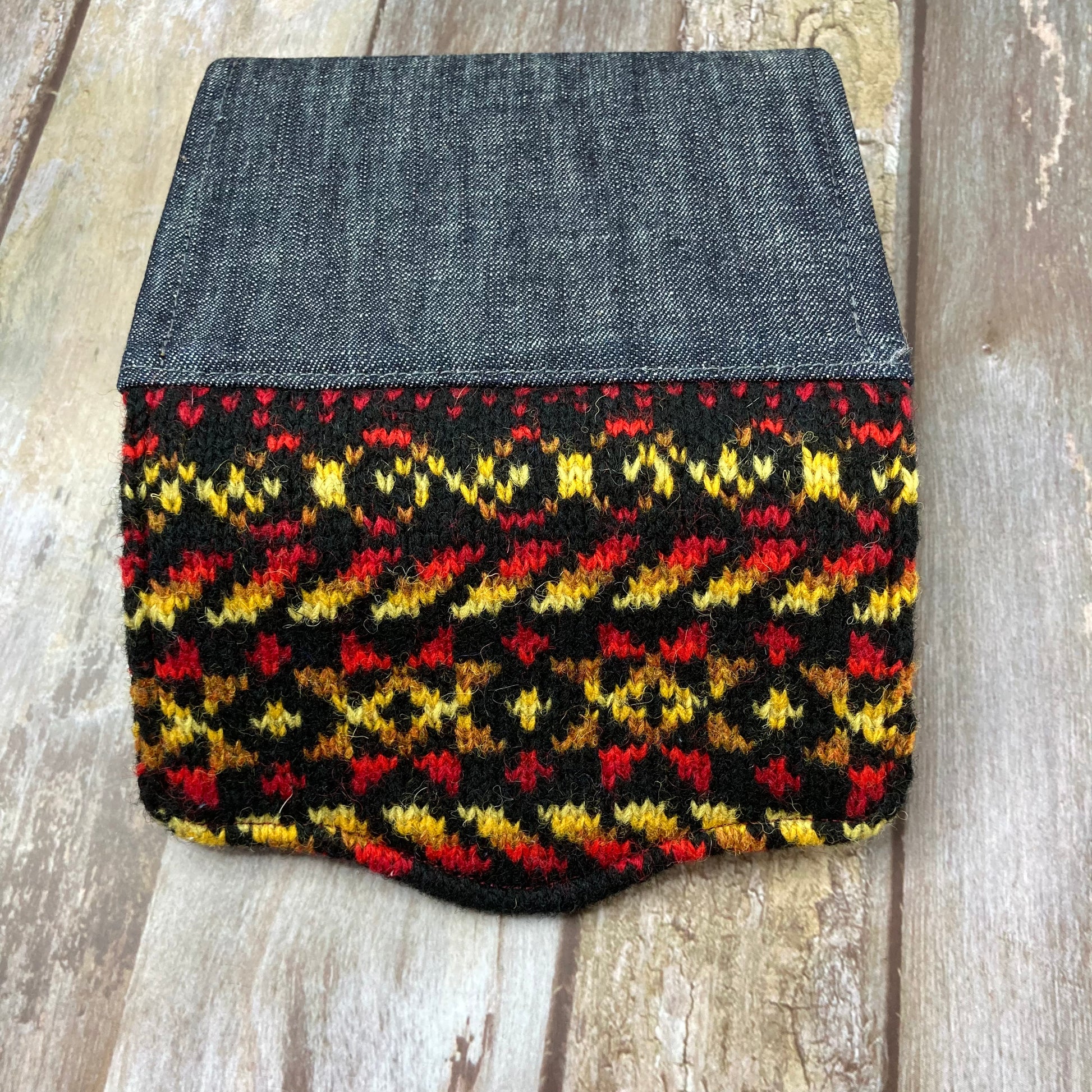 Hand knitted Fair Isle Purse, Clutch - Black Red Yellow Star - Uphouse Crafts