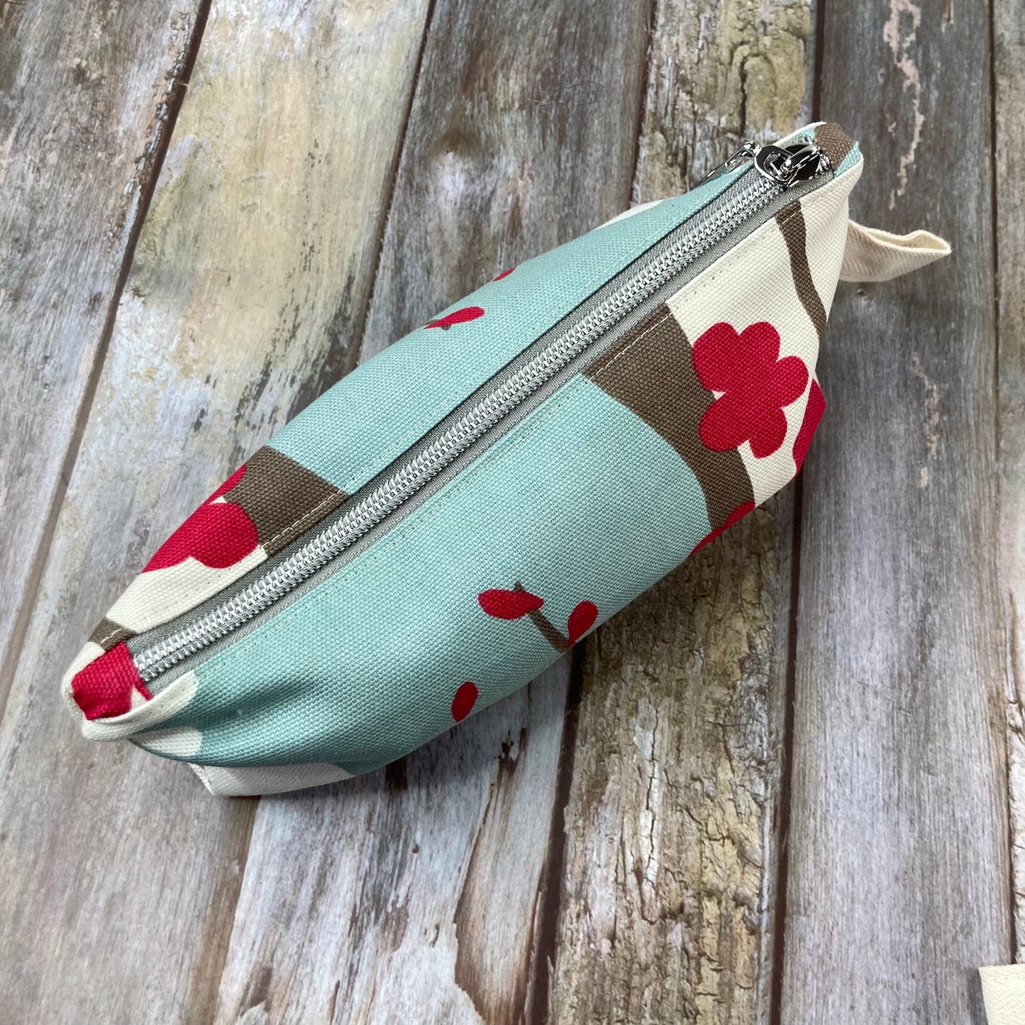 Makeup Bag Pencil Case - Pale Blue Cream Red Abstract Floral - Uphouse Crafts