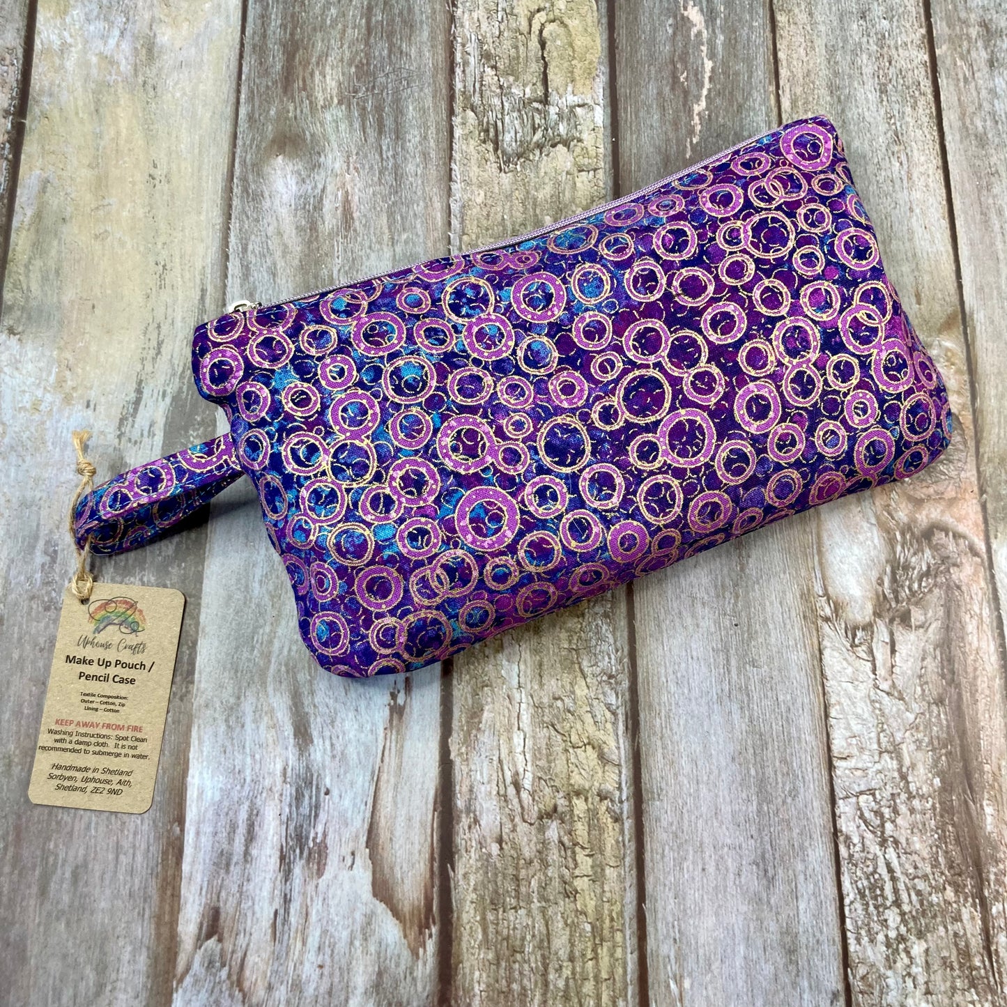 Makeup Bag Pencil Case - Hummingbird, Purple Gold Shimmer - Uphouse Crafts