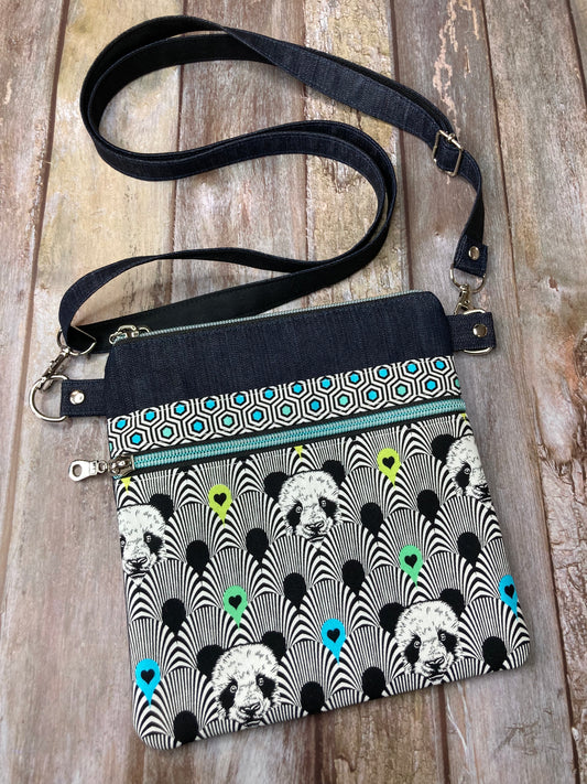 Small Crossbody Bag - Turquoise Rainbow Panda & Denim - Uphouse Crafts