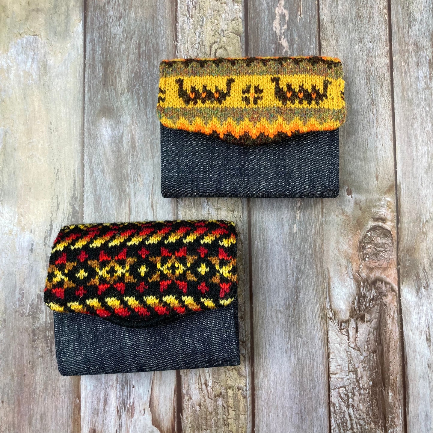 Hand knitted Fair Isle Purse, Clutch - Black Red Yellow Star - Uphouse Crafts