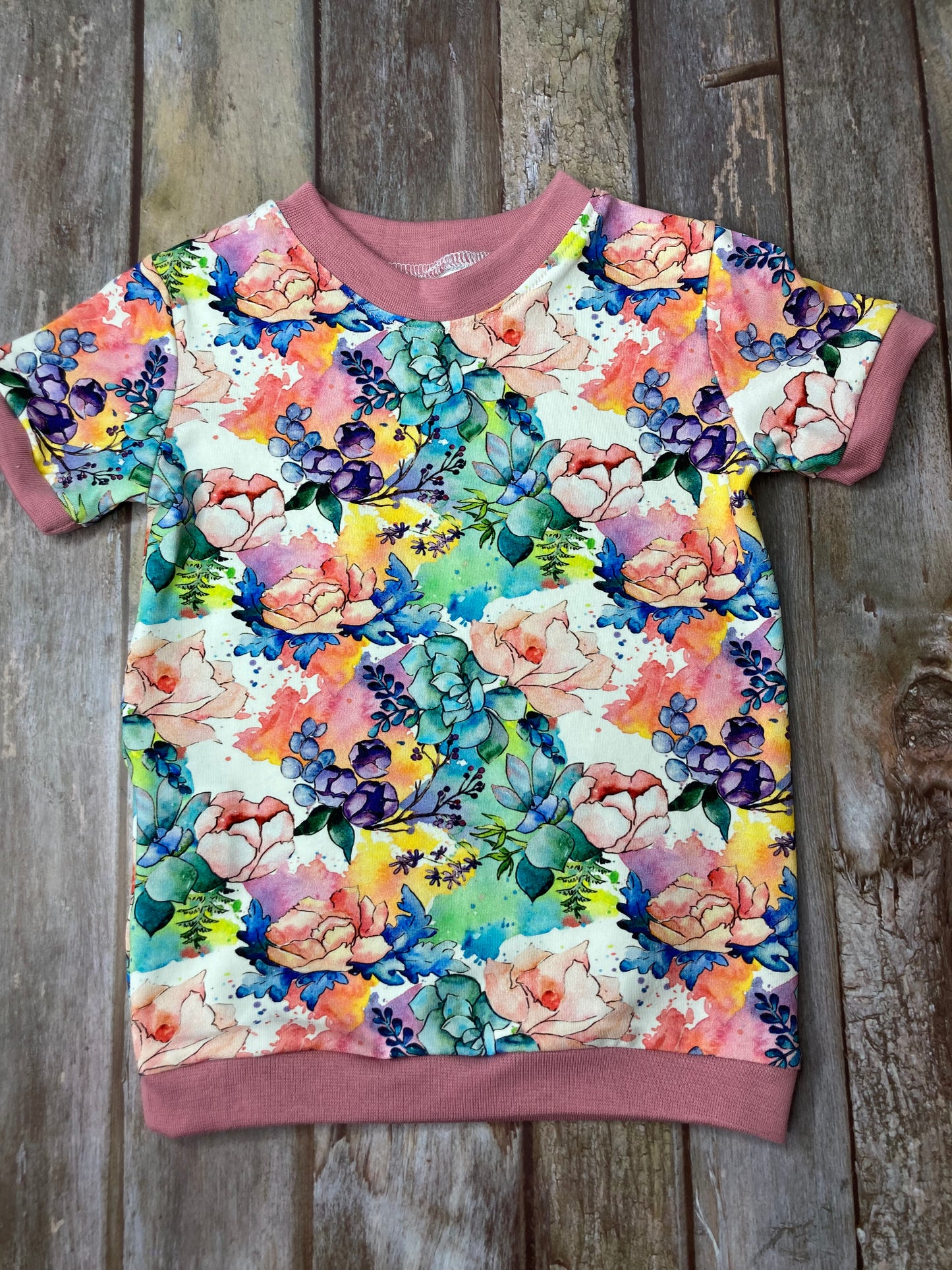 Kids Cuffed T-shirt cotton jersey - floral pink white green - age 1-4 - Uphouse Crafts