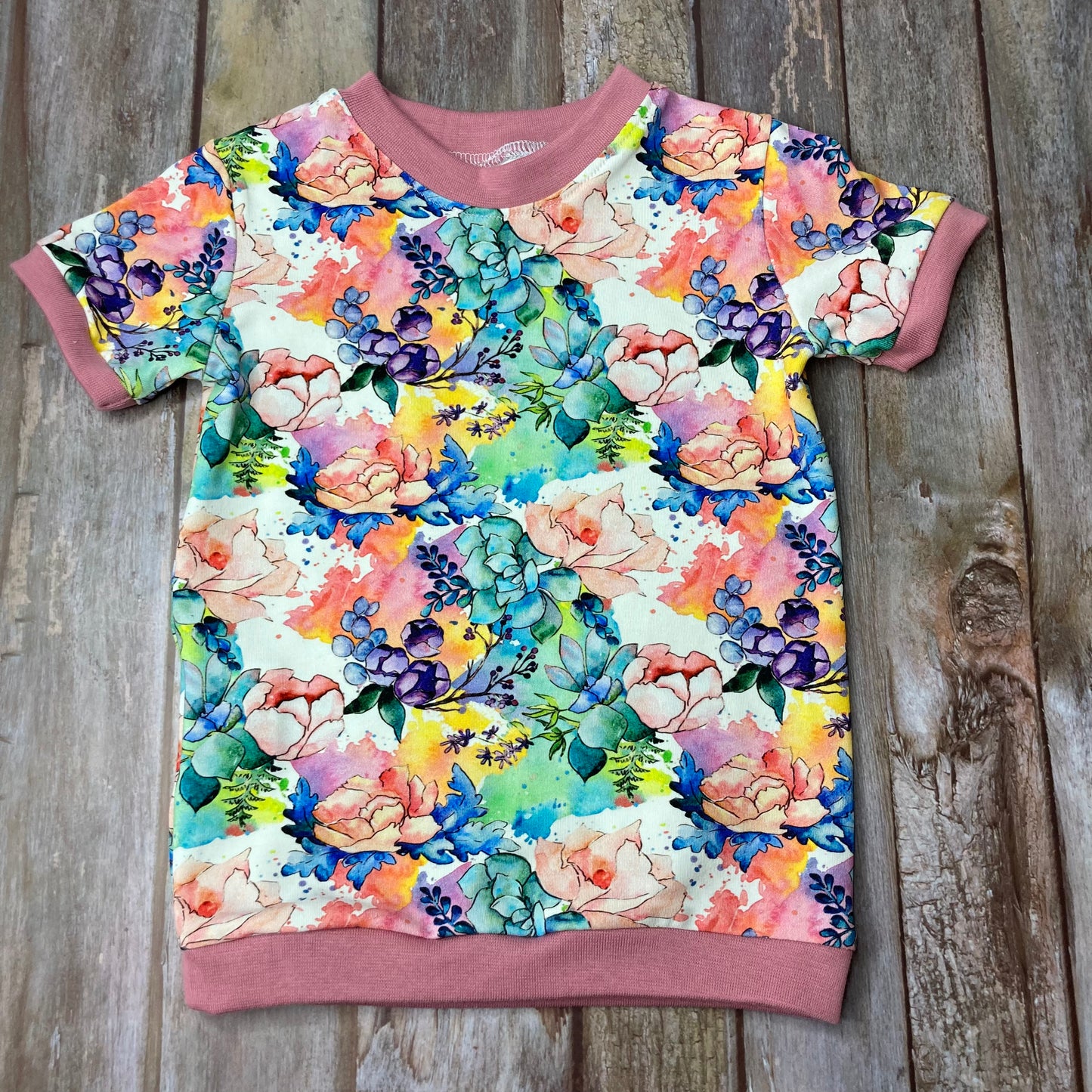 Kids Cuffed T-shirt cotton jersey - floral pink white green - age 1-4 - Uphouse Crafts