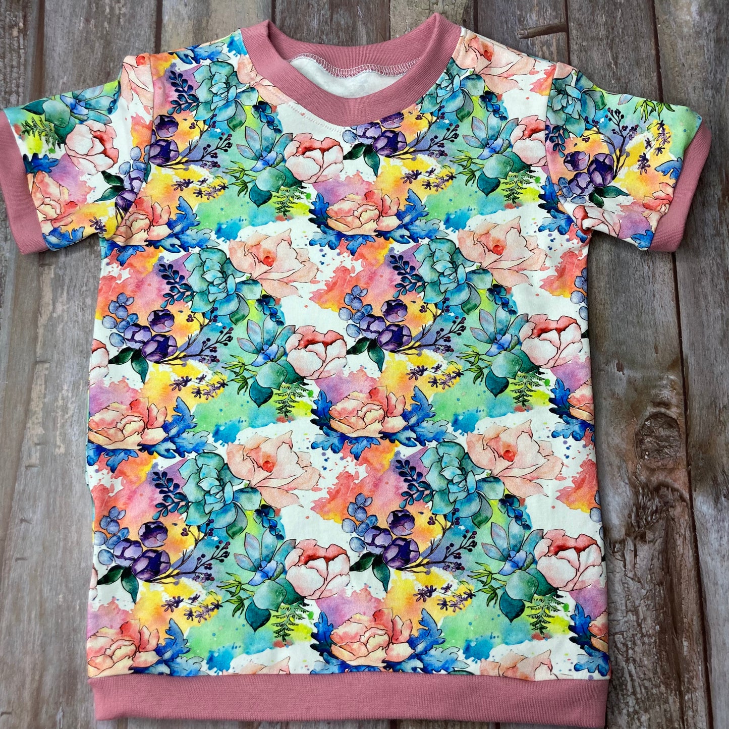 Kids Cuffed T-shirt cotton jersey - floral pink white green - age 1-4 - Uphouse Crafts